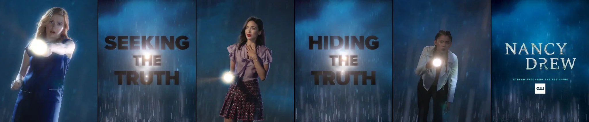 Three women holding flashlights in the rain, with text overlays reading 'Seeking the Truth' and 'Hiding the Truth', and a promotional image for Nancy Drew on The CW.