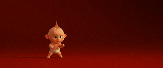 Animated baby character standing on a red surface against a red background. The Incredibles 2