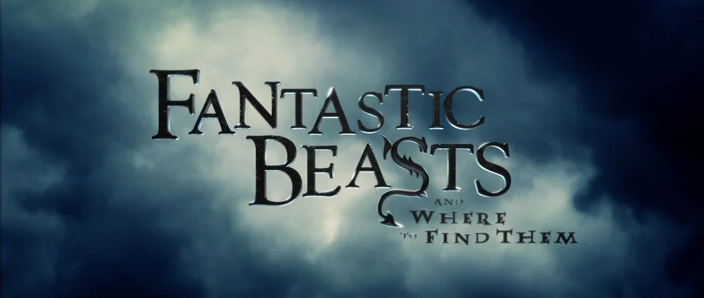 Logo for 'Fantastic Beasts and Where to Find Them' with dark clouds background.