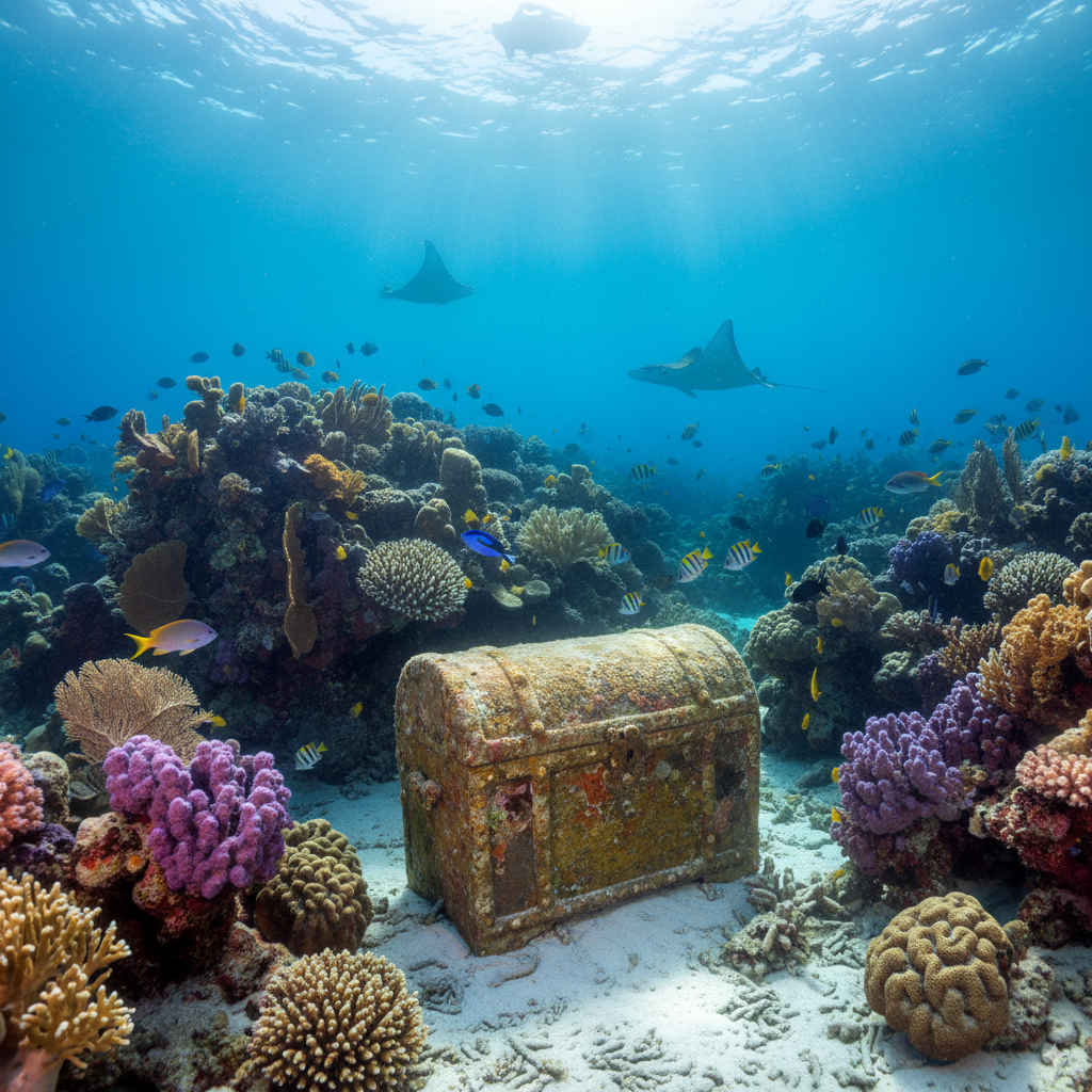 Underwater scene with coral reef, fish, two scuba divers, and an old chestnut on the ocean floor.