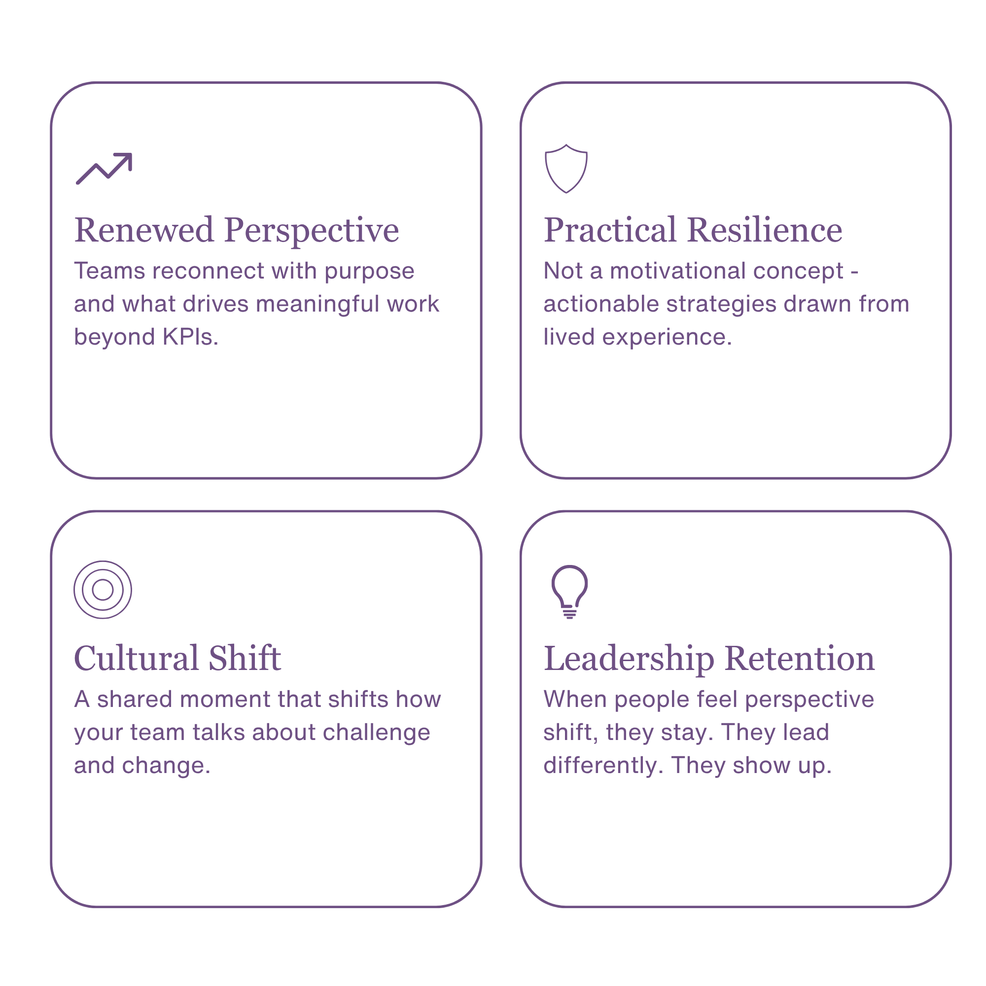 Four infographic cards with text: 'Renewed Perspective - Teams reconnect with purpose and what drives meaningful work beyond KPIs.'; 'Practical Resilience - Not a motivational concept - actionable strategies drawn from lived experience.'; 'Cultural Shift - A shared moment that shifts how your team talks about challenge and change.'; 'Leadership Retention - When people feel perspective shift, they stay. They lead differently. They show up.'