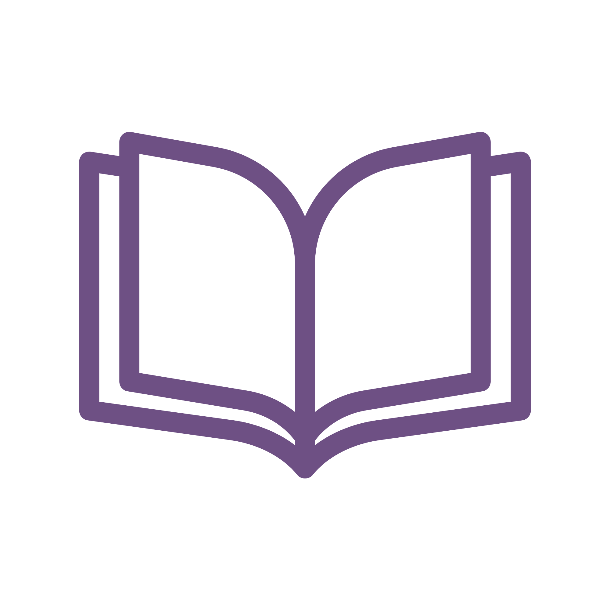 Illustration of an open book with purple outline and a person icon on the right edge.