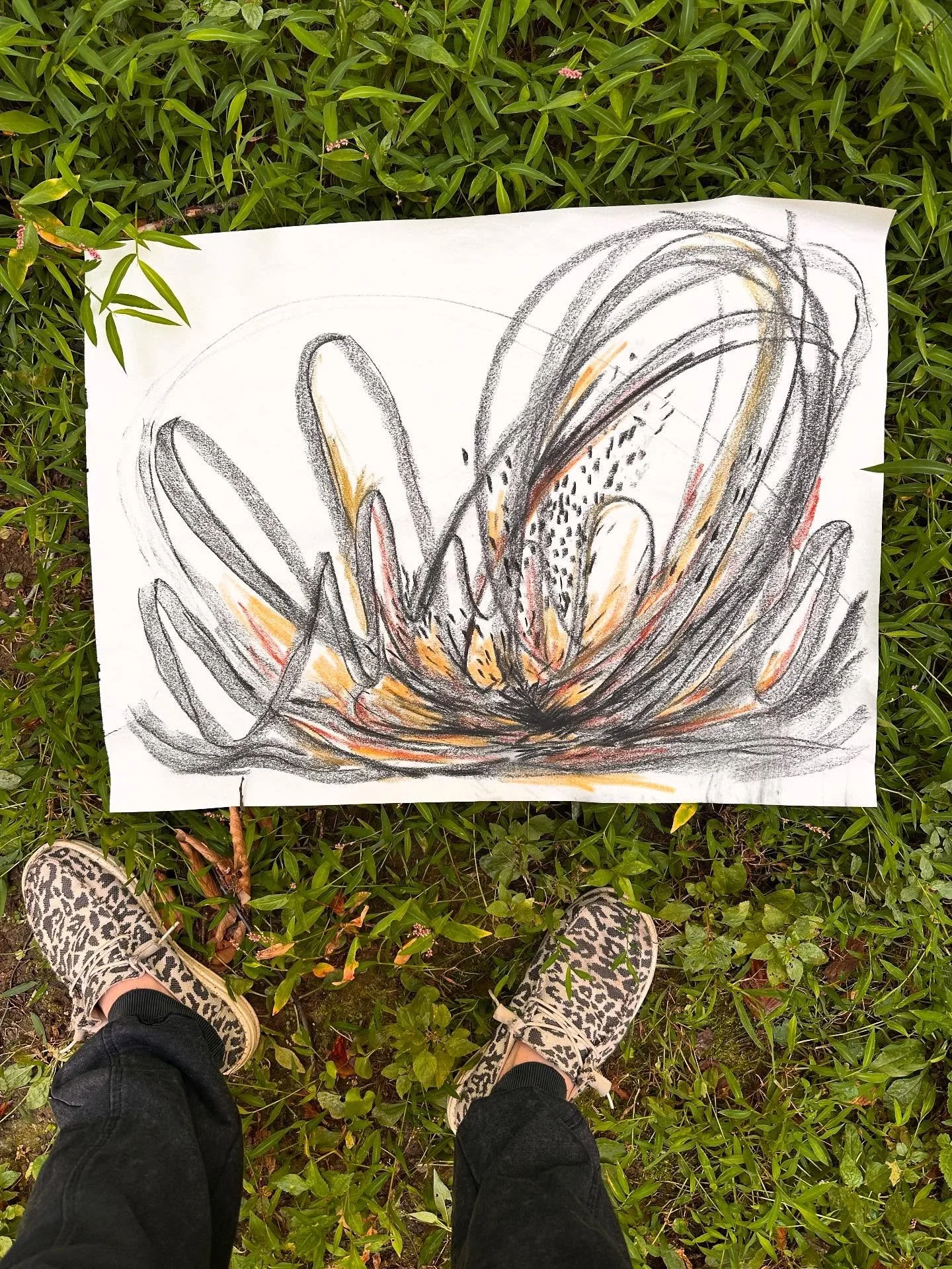 This charcoal and pastel sunny surprise started with feeling into the movement and the marks and then letting the material guide the way. 

Isn&rsquo;t it lovely on the ground?