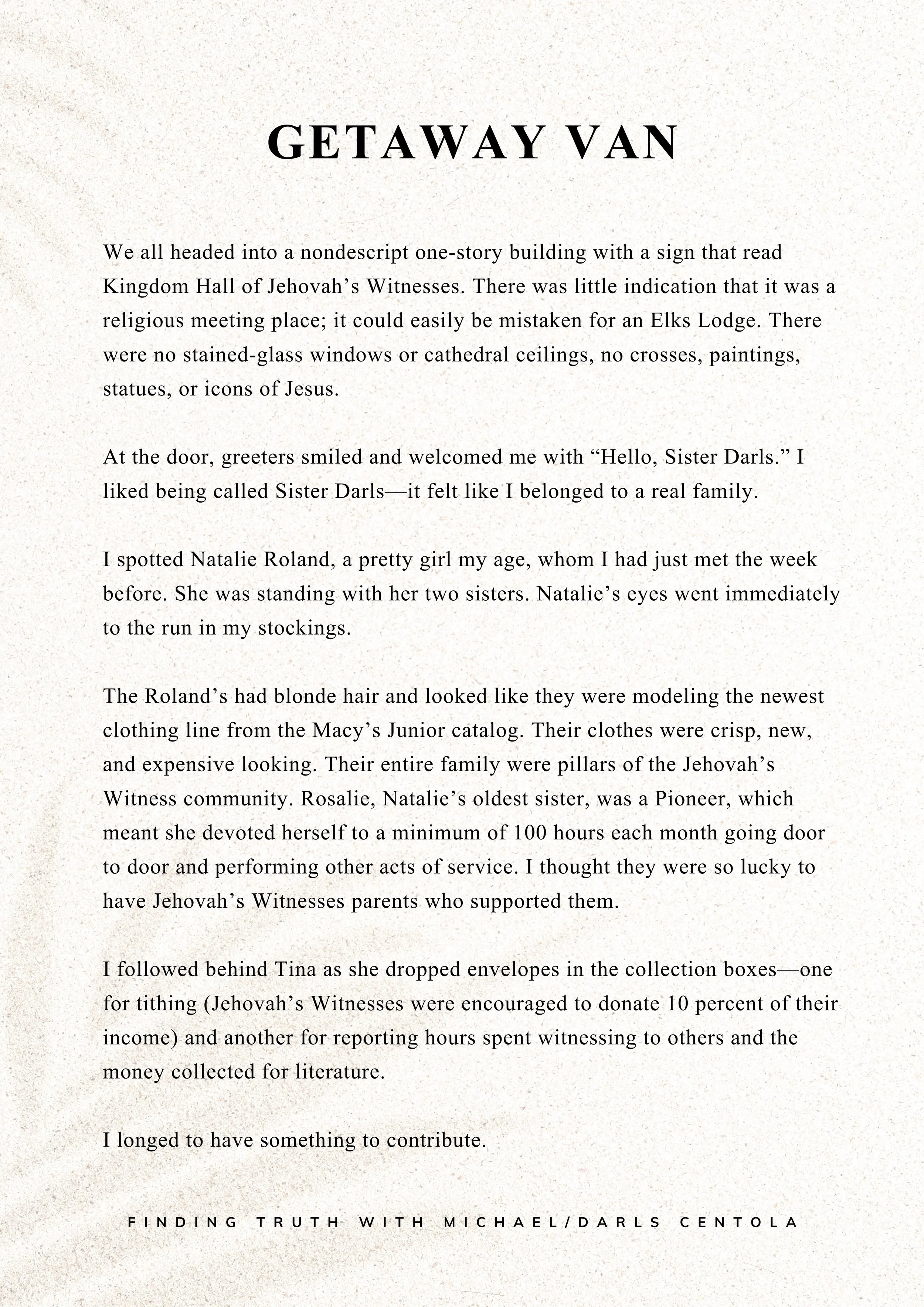 Excerpt page titled “Getaway Van” from the memoir Finding Truth With Michael by Darls Centola.