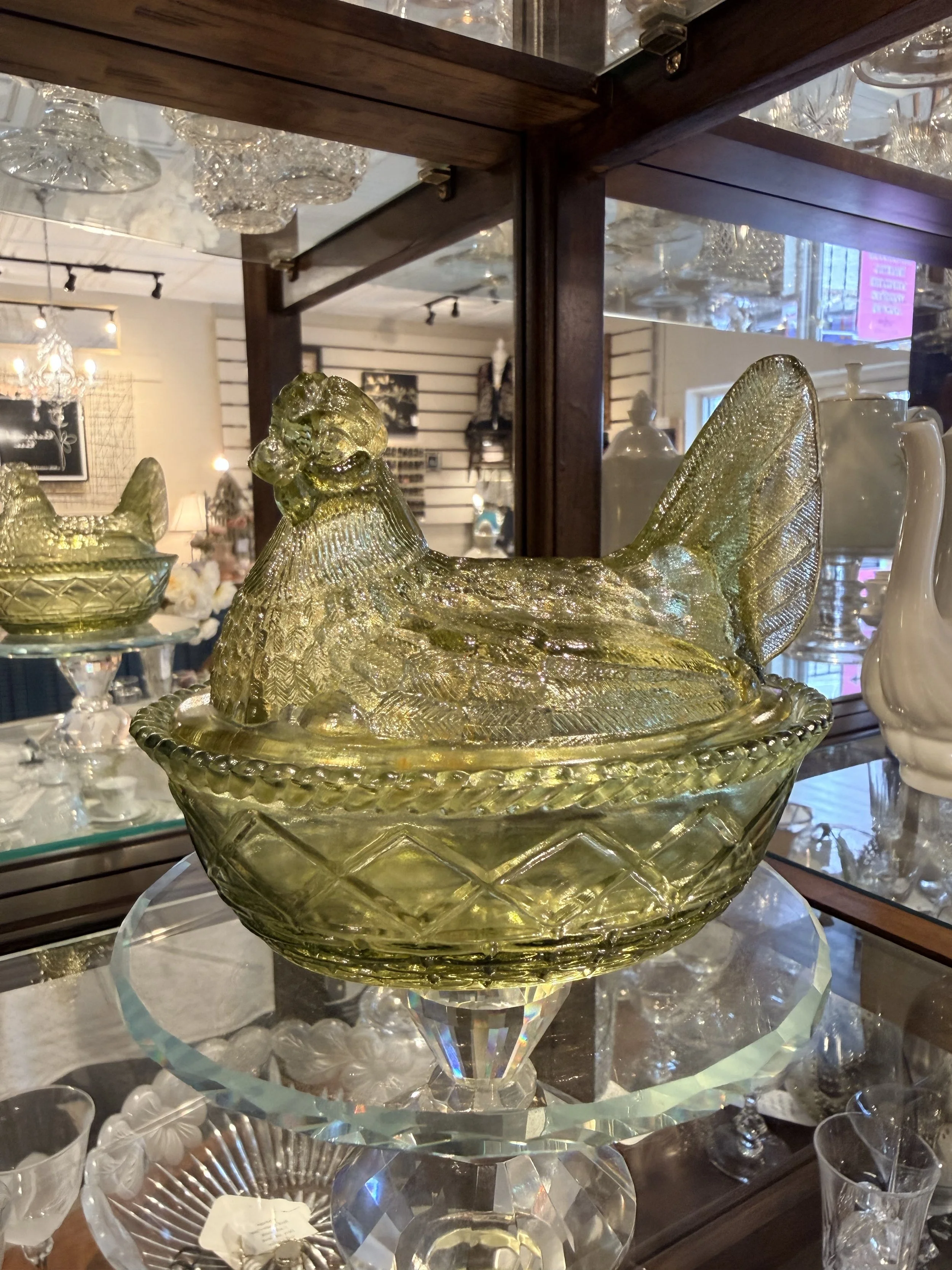 Vintage Lime Green Hen on Nest Covered Candy Dish 7 Inch