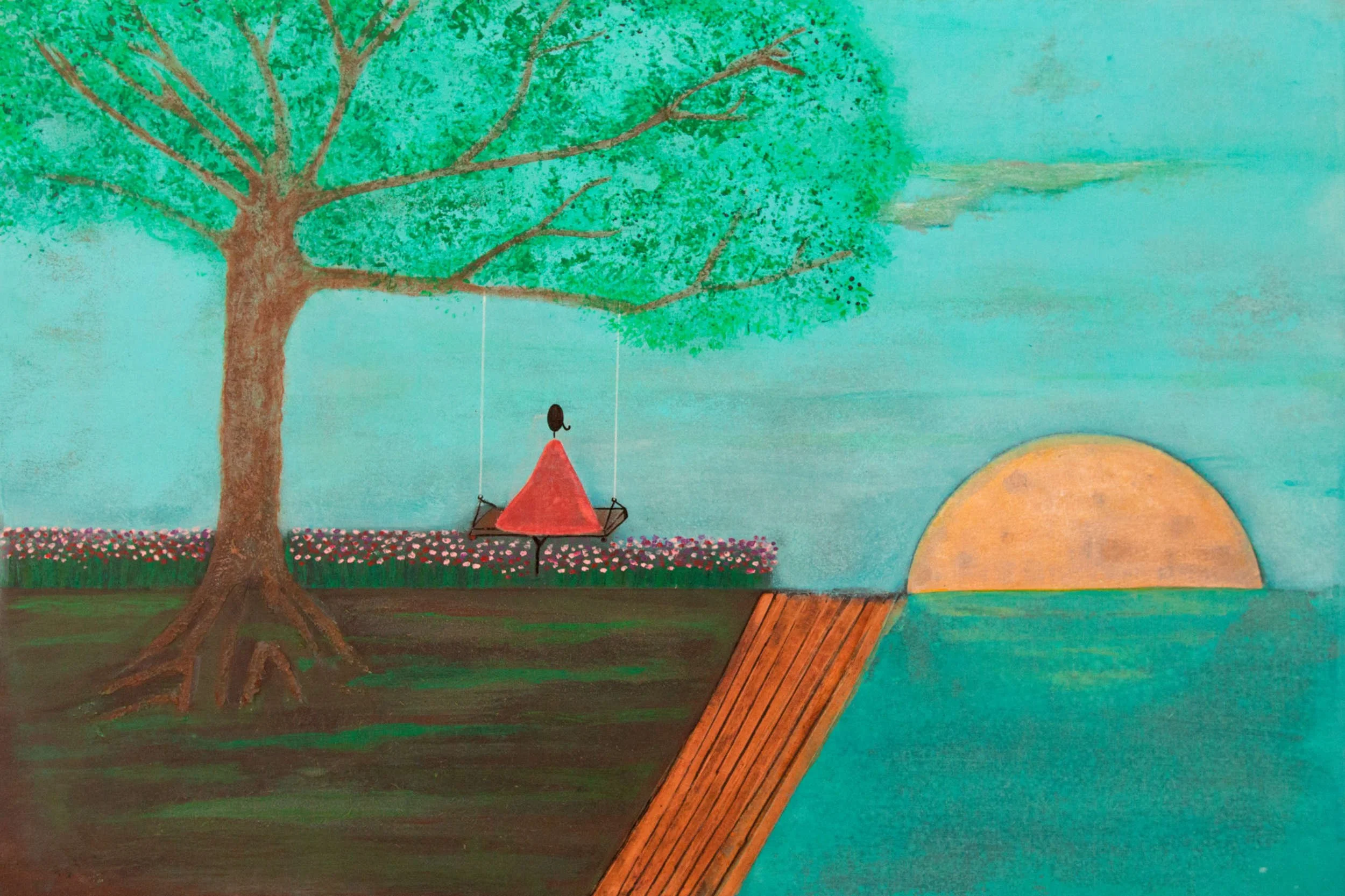 A painting of a large green tree with a swing hanging from one of its branches, a person sitting on the swing, a flower bed with pink flowers, a wooden dock extending into the water, and a setting sun over the ocean in the background.