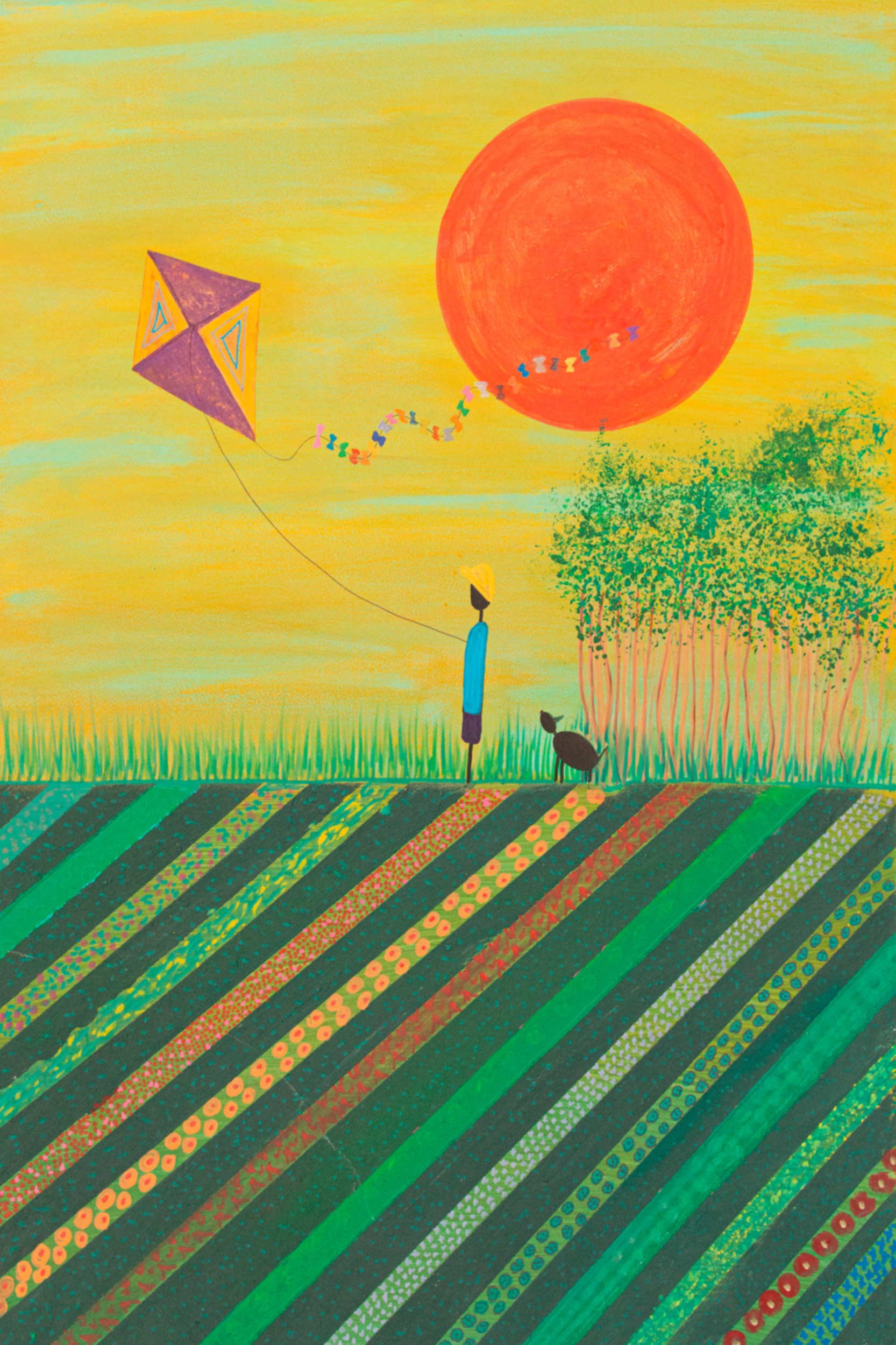 A colorful, stylized illustration of a person holding a kite string, with a small animal by their side, under a bright red sun in a clear sky, with patterned fields and green foliage.