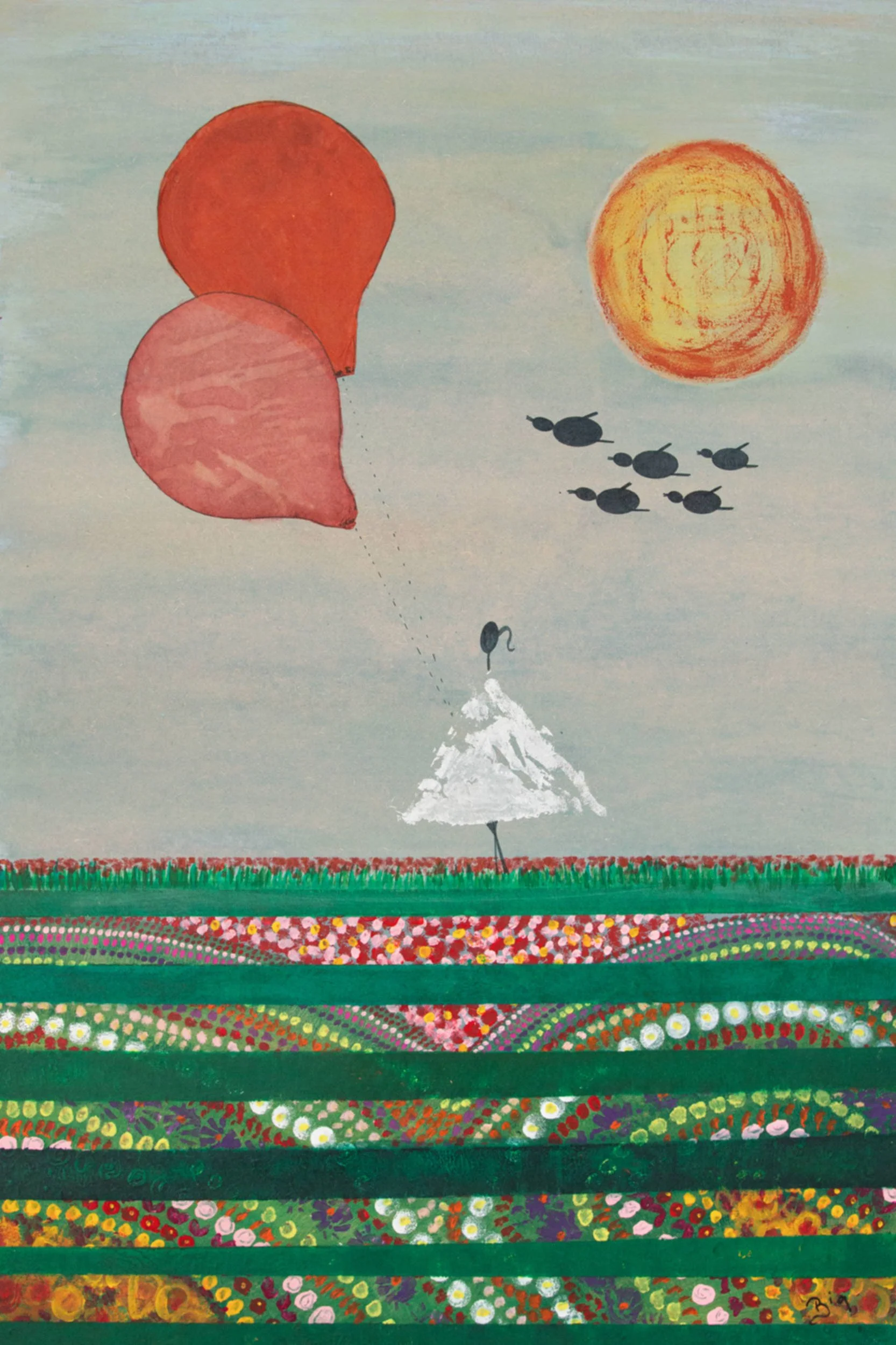 A painting of a girl in a white dress standing in a colorful field, holding two balloons, with a bright orange sun and a flock of black birds in the sky.