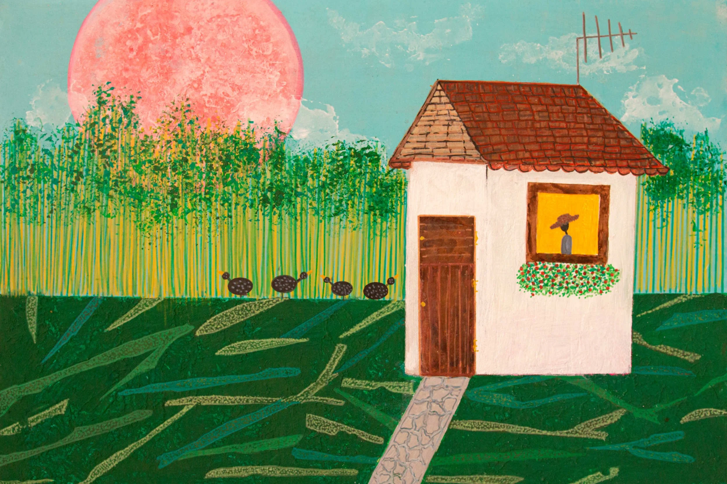 Colorful painting of a small house with a red tiled roof, a window with a flower box, and a wooden door, surrounded by green grass and a garden with black chickens, under a large pink moon in a blue sky with clouds and a TV antenna on the roof.