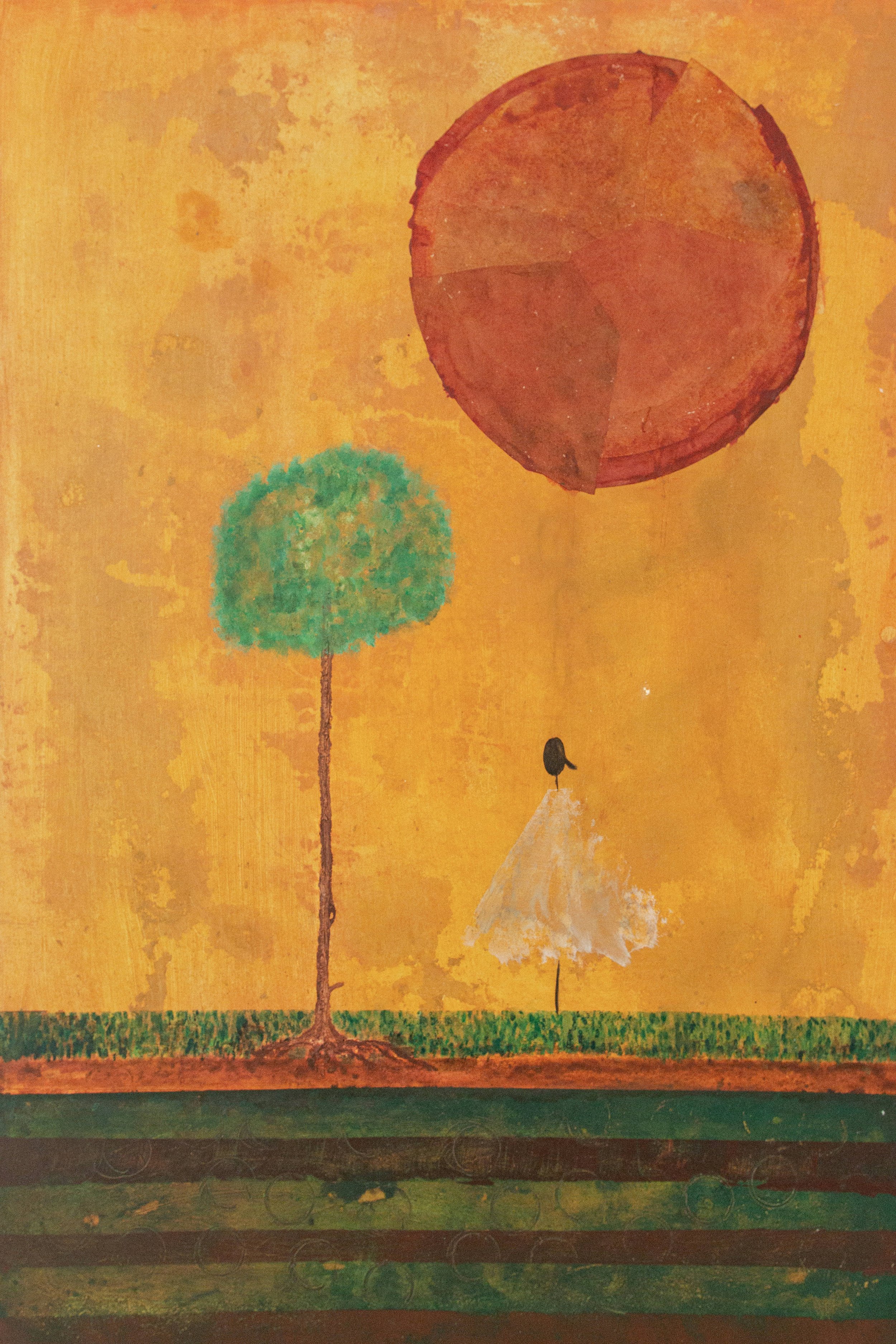 A stylized painting of a landscape with a large orange sky, a green tree, a small bird, and a white umbrella on grass.