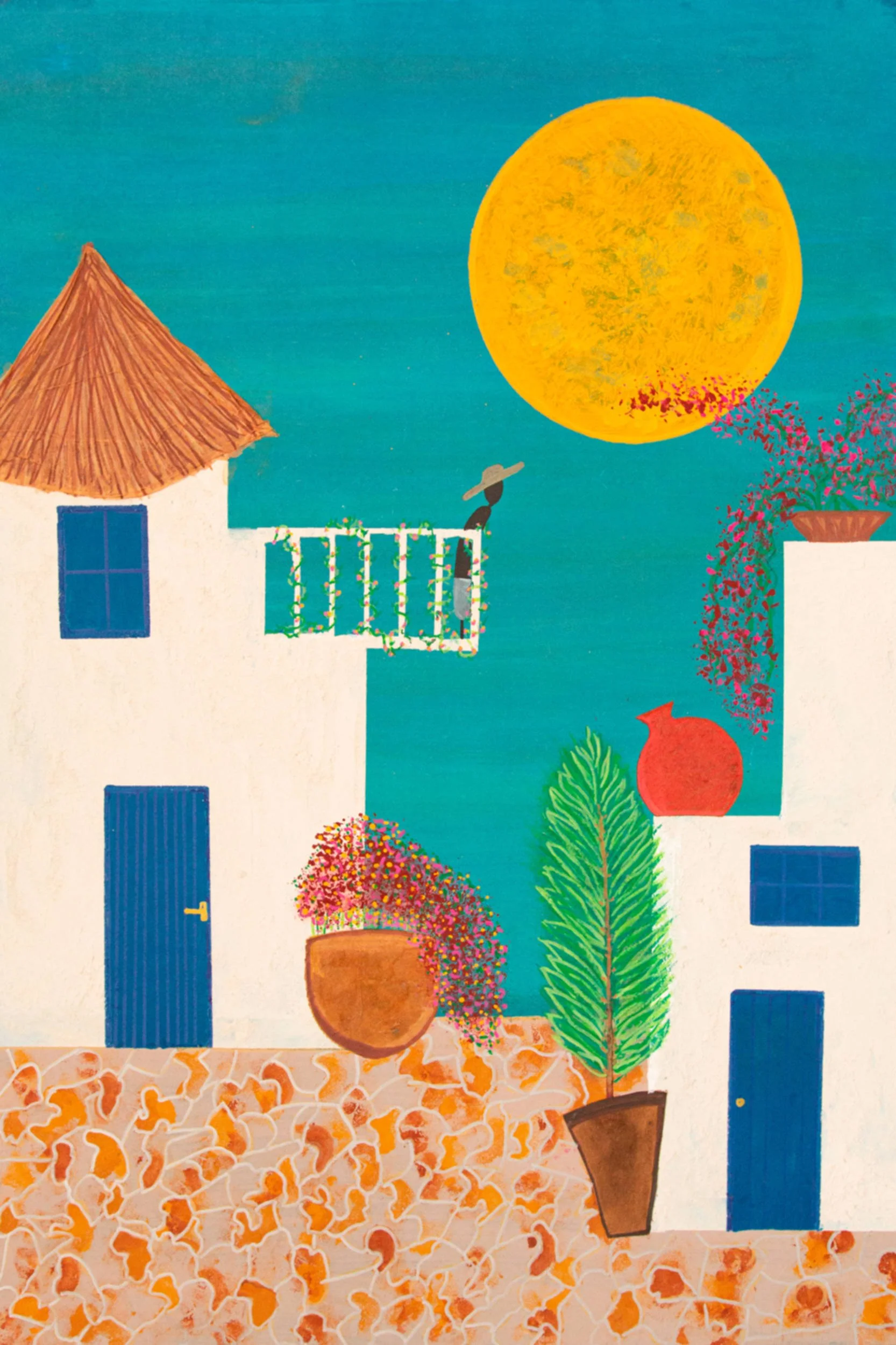 A colorful painting of white Mediterranean-style buildings with blue doors and windows, tiled ground, lush potted plants, a woman with a sunhat on a balcony, and a large yellow moon in a teal sky.