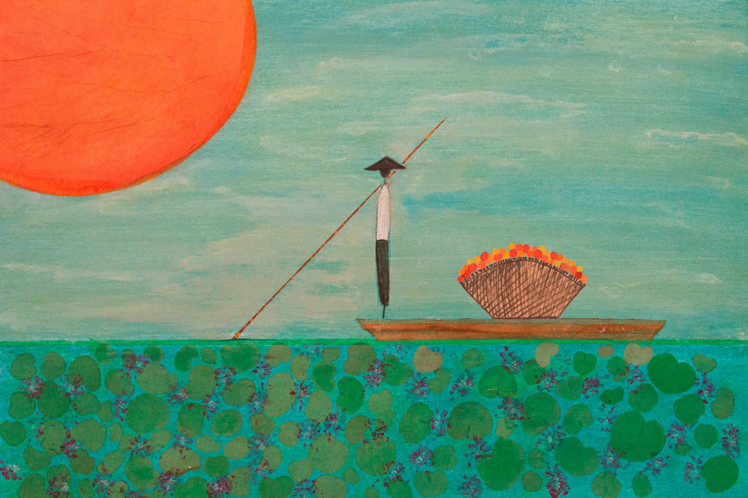 A colorful painting of a large orange sun, sky, a small figure standing on a balancing pole, a boat with a basket of red and orange flowers, and water with green lily pads and water lilies.