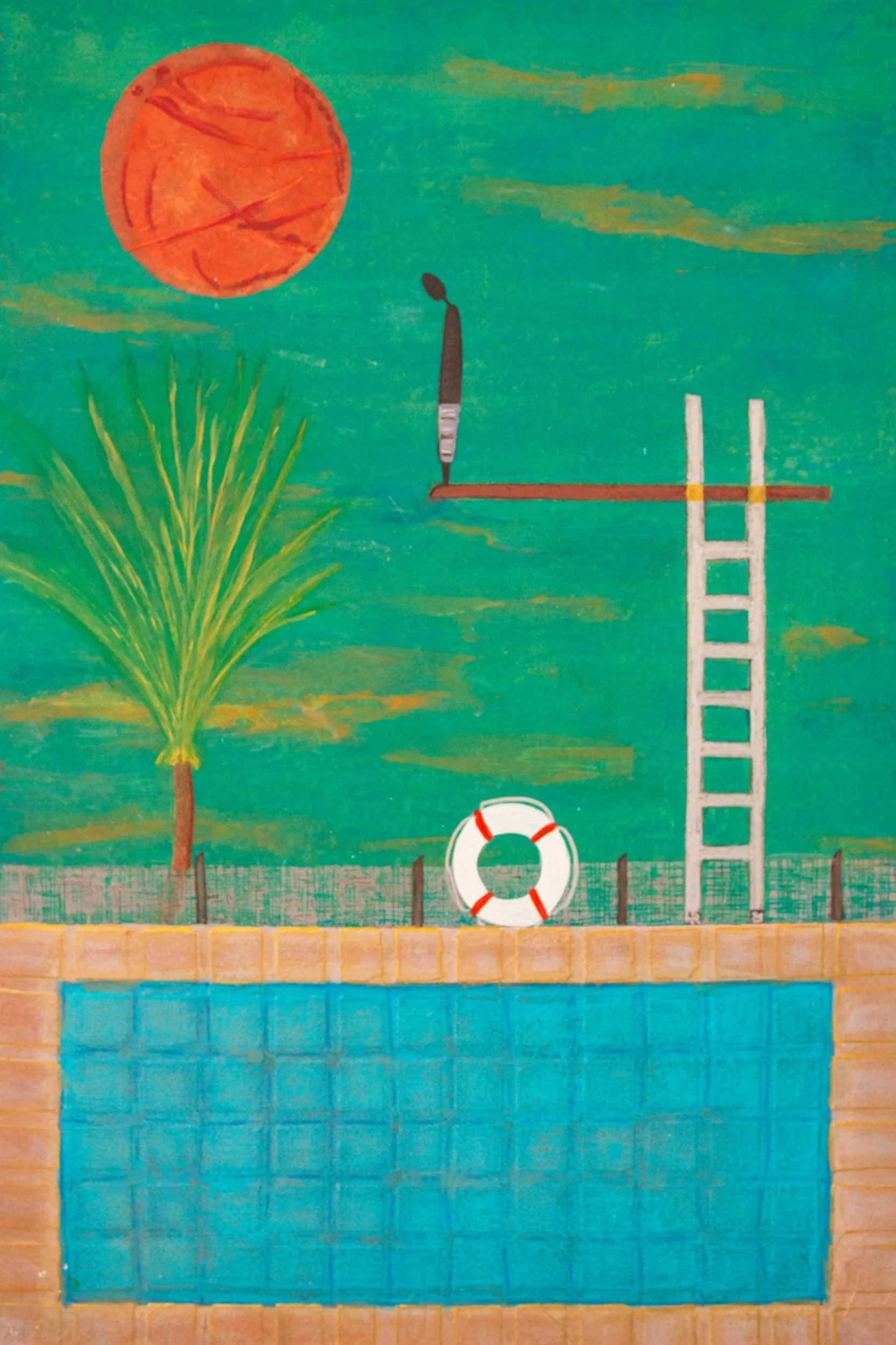 Colorful painting of a swimming pool scene with a palm tree, a life preserver, a diving board, a ladder, a sun, and a bright sky.