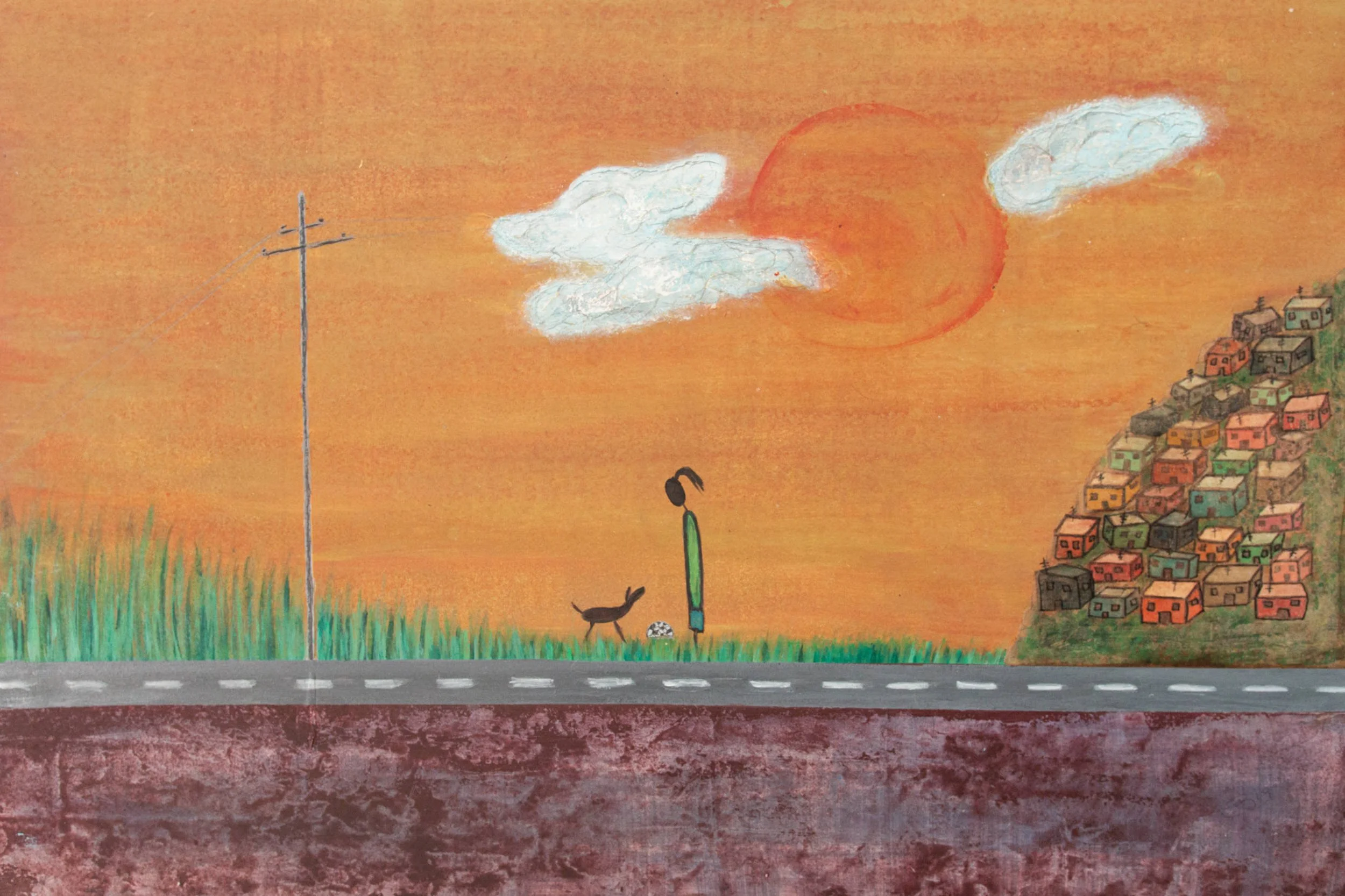 A colorful painting of a girl with black hair in a ponytail, wearing a green dress, standing on grass with a black cat and a soccer ball, near a road, with a sunset in the background and houses on a hill to the right.