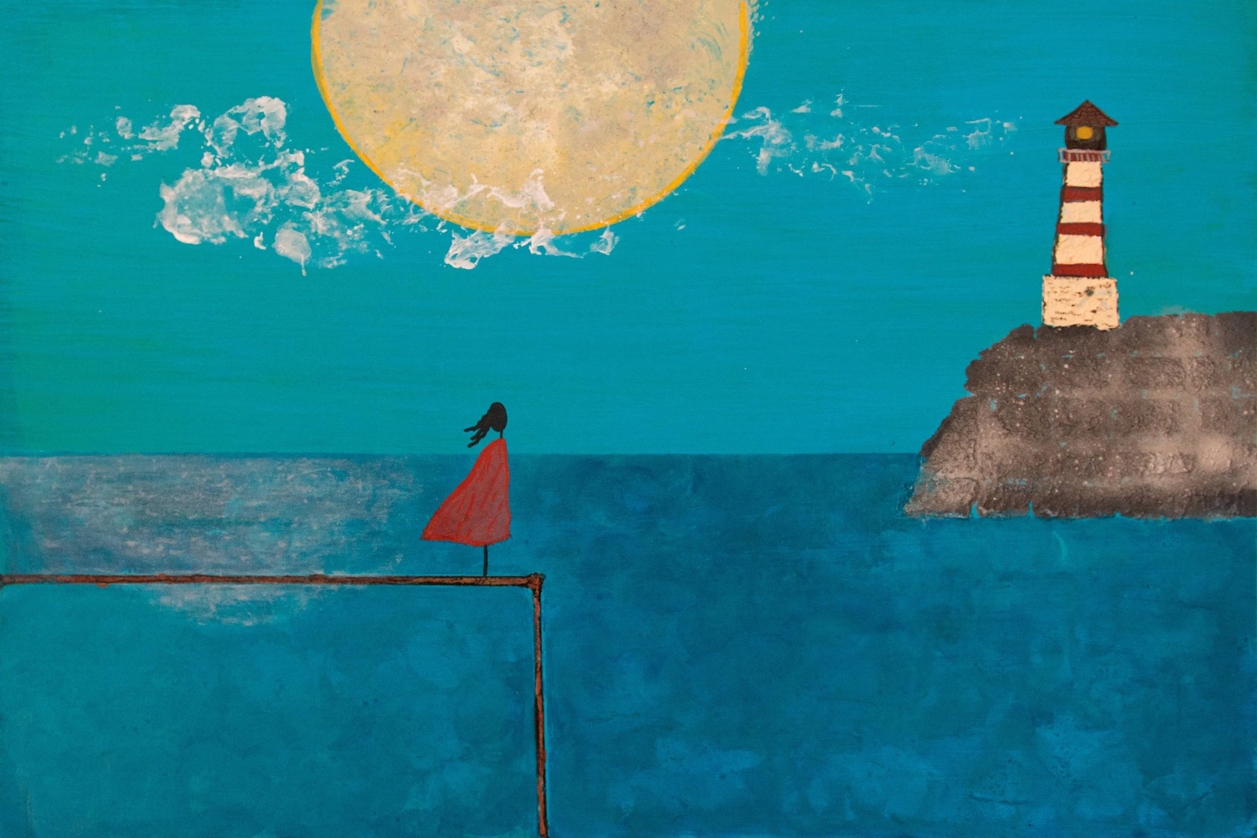 A colorful painting of a seaside scene featuring a girl with long hair wearing a red dress standing on a pier, looking towards a lighthouse on a rocky outcrop, with a large yellow moon in the sky, some clouds, and calm blue water.