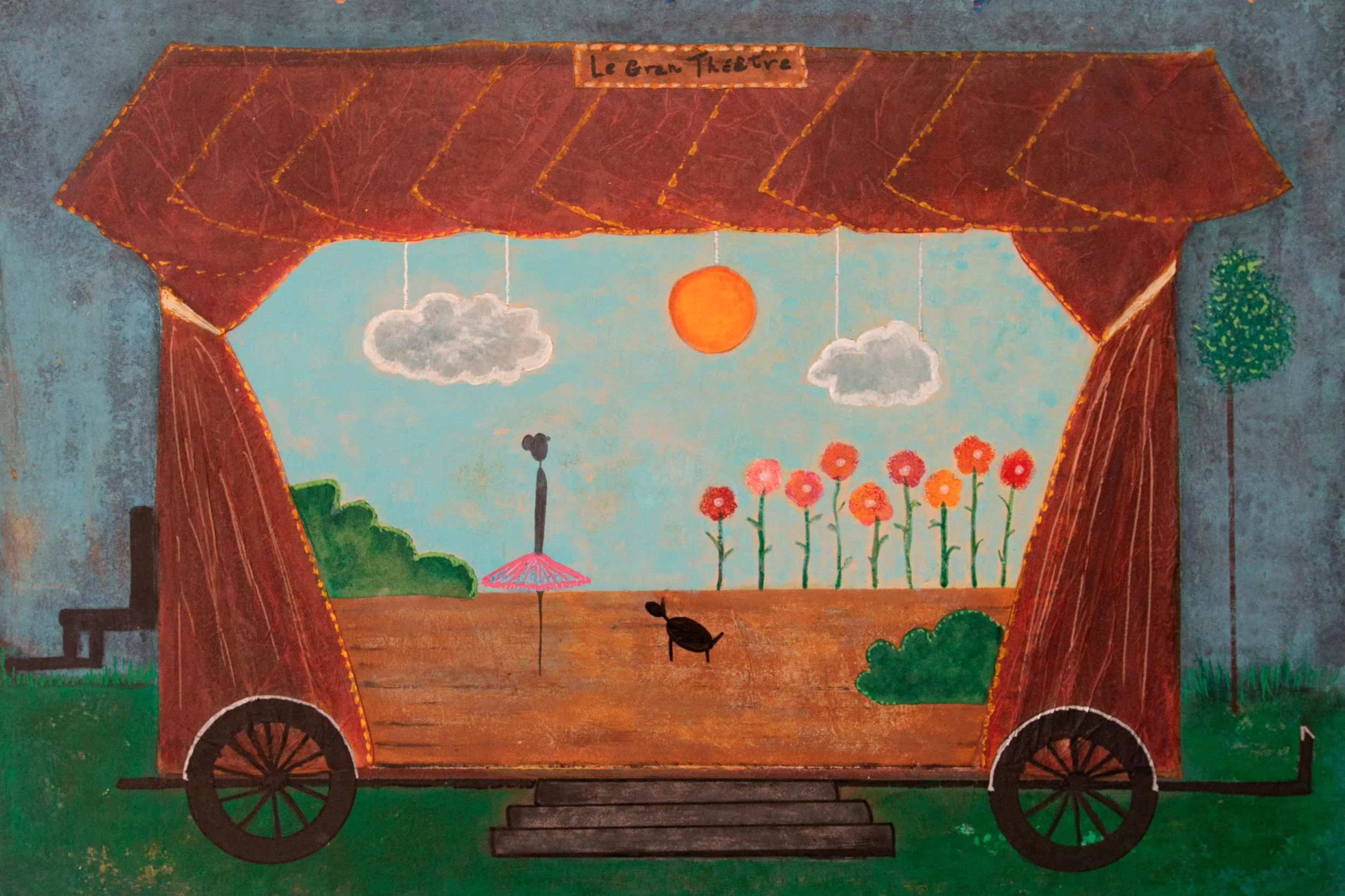 Colorful stage set with a brown curtain framing a sunny outdoor scene with a bright orange sun, two white clouds, a single black dog, pink flowers, green bushes, a small green tree, and a blue sky. The stage has wheels and steps at the front.