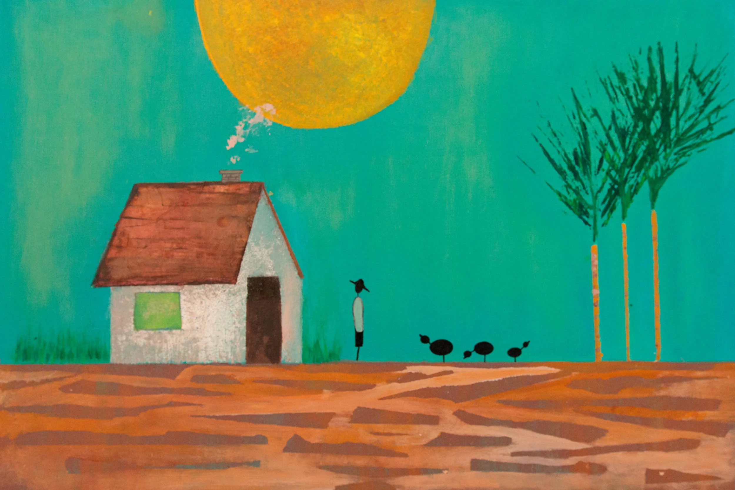 A colorful painting depicting a small white house with a red roof, a chimney emitting smoke, a green window, and a brown door. In front of the house, there are two birds on a post and three black birds walking on the ground. To the right, tall green 