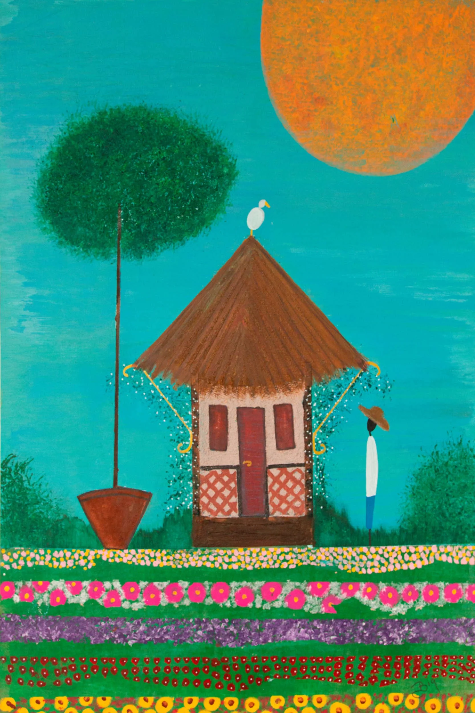Colorful painting of a small house with a brown thatched roof, red door, and pink shutters, set in a garden with multicolored flowers, a tall potted tree, a woman with a hat, a seagull on the roof, a large orange sun, and a bright blue sky.