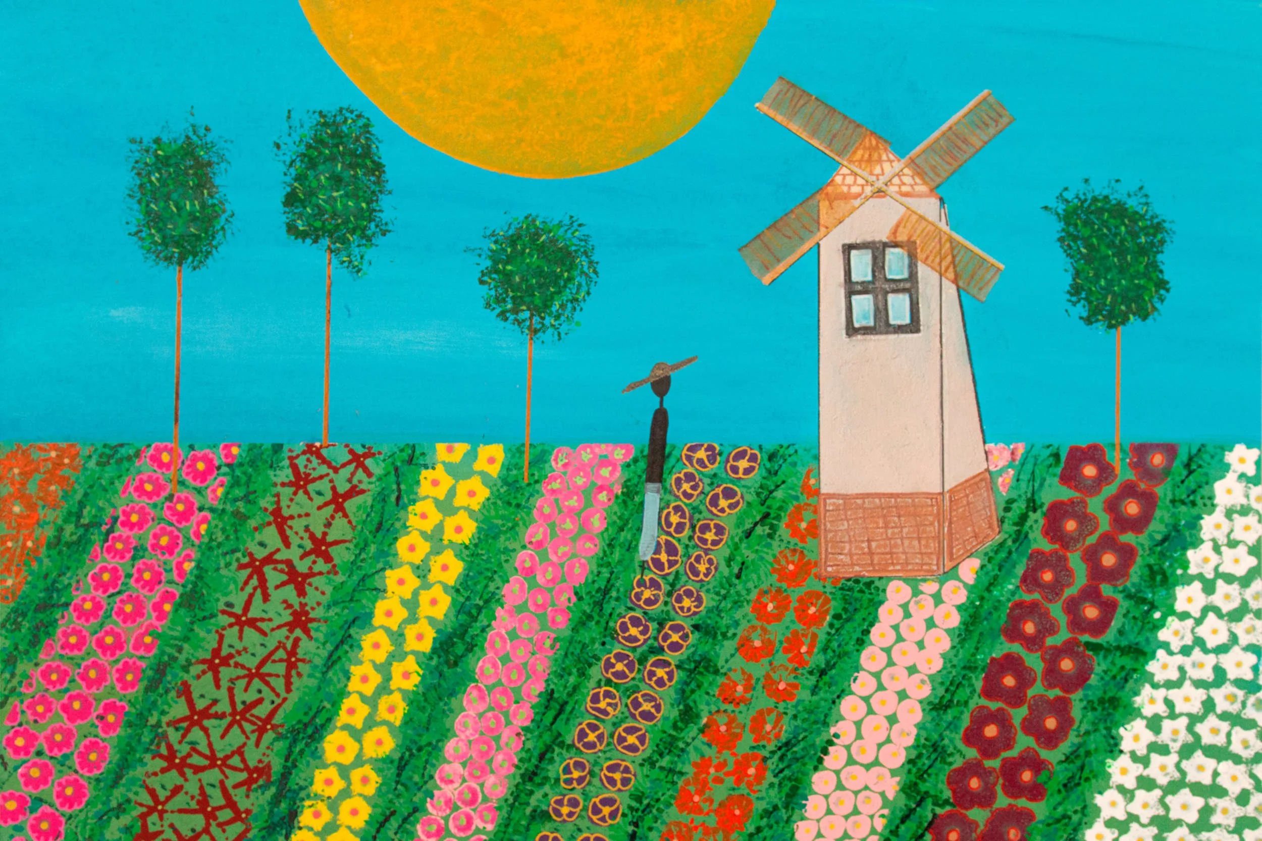 Colorful drawing of a garden with rows of pink, red, yellow, purple, white, and orange flowers, green grass, a windmill with sails, three trees, a bright yellow sun, and a small weather vane.
