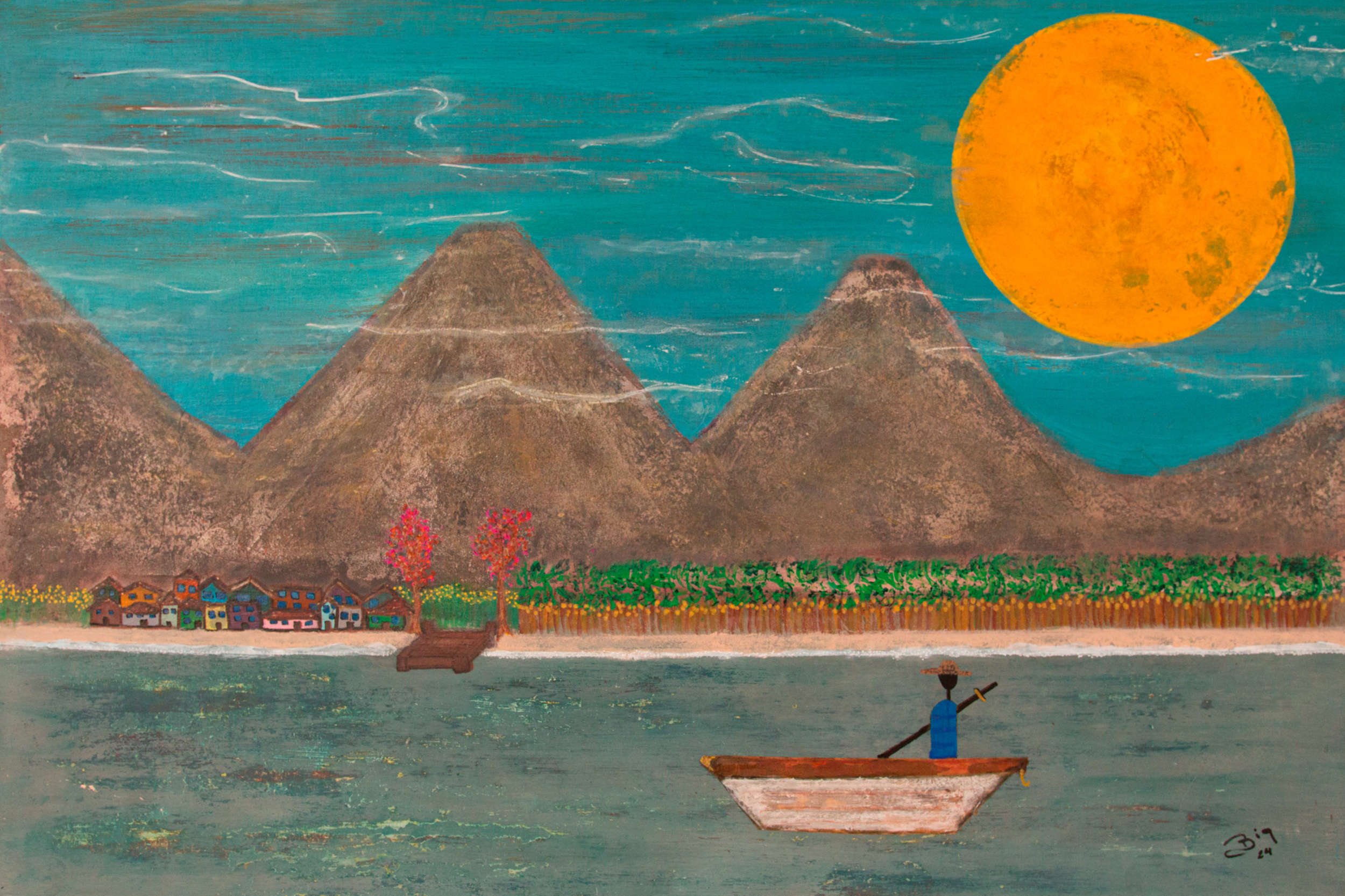 Painting of a landscape with large mountains, a body of water, a bright orange sun, colorful houses, trees, and a person in a small boat wearing a hat and holding a paddle.