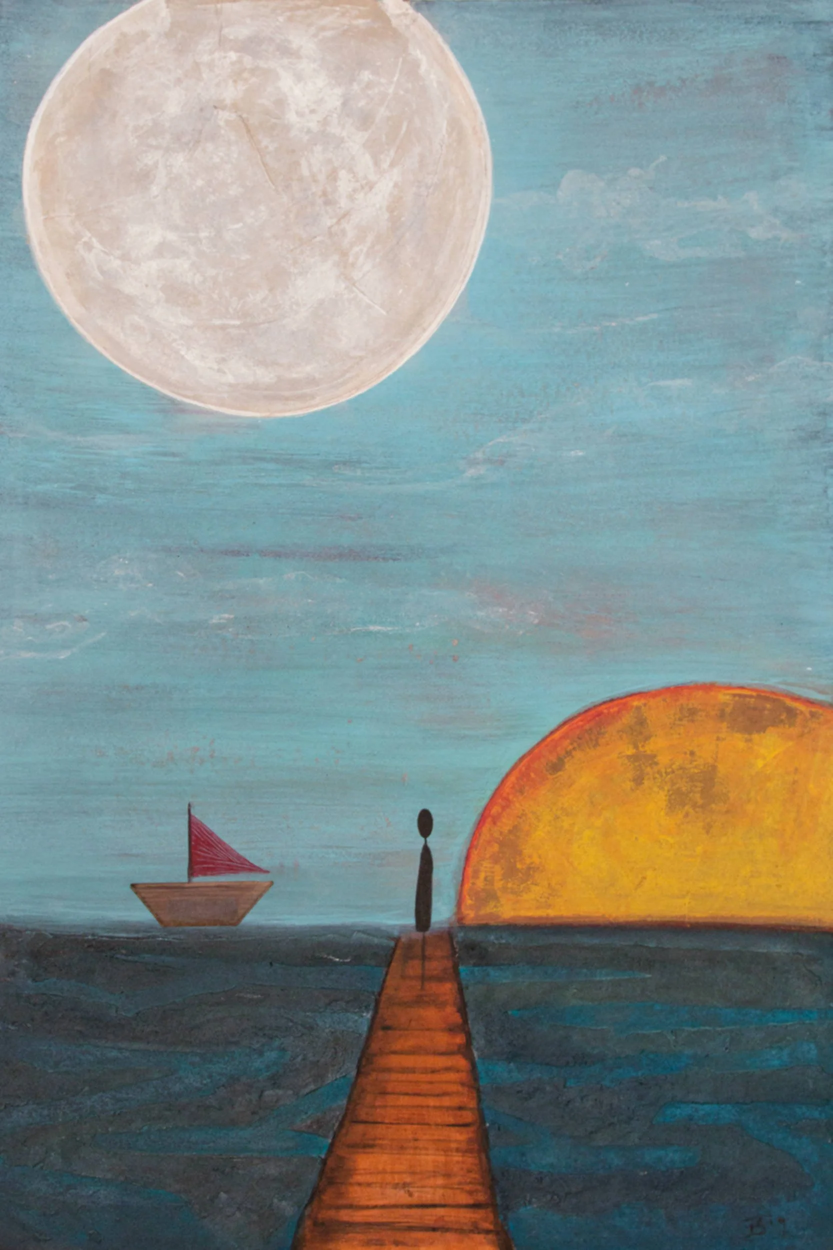 Painting of a person standing on a pier, looking at a sunset over the water with a boat and a large moon or sun in the sky.