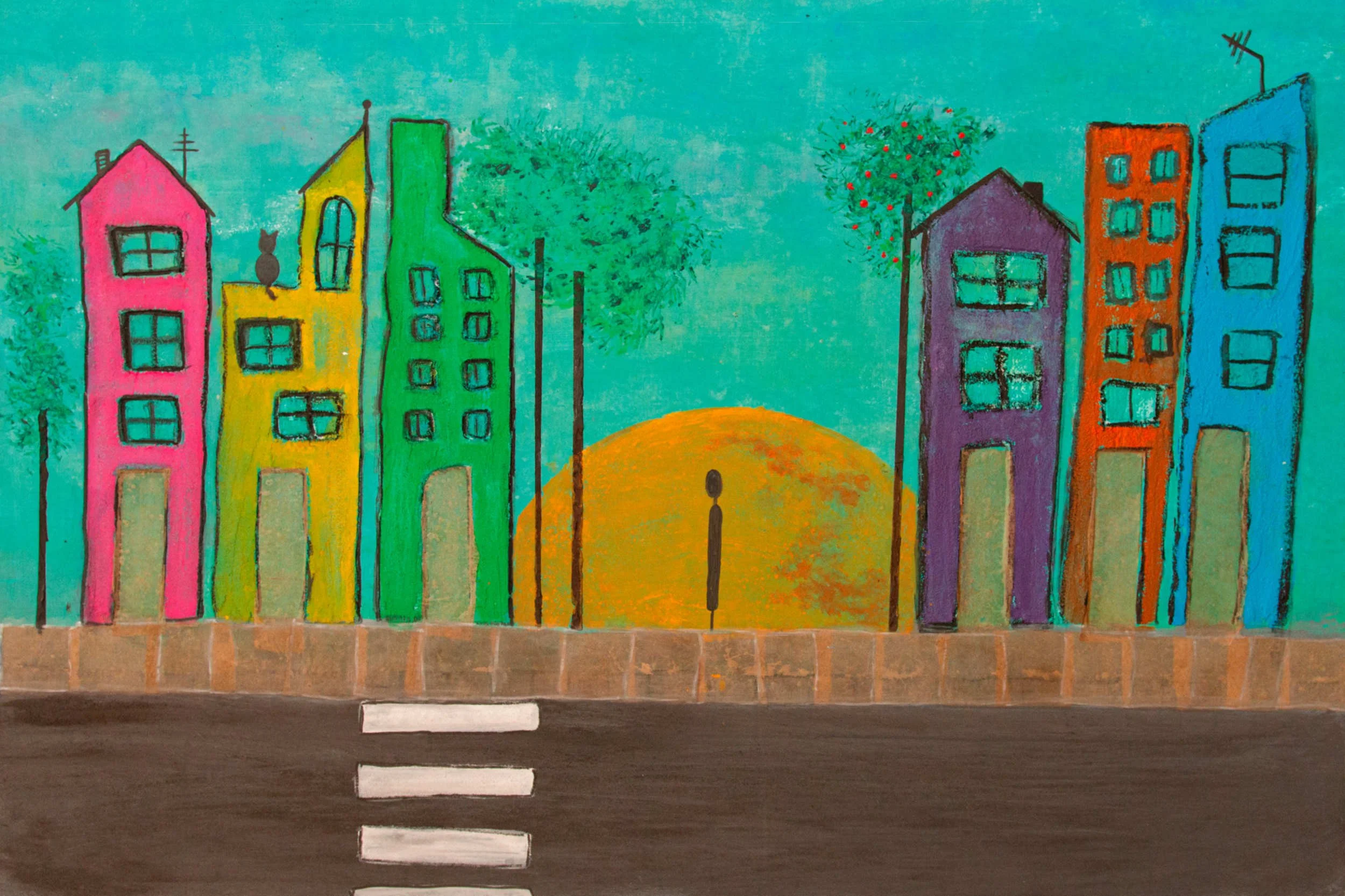 Colorful painting of a cityscape with tall, brightly colored buildings, green trees, a sunset, and a crosswalk in the foreground.