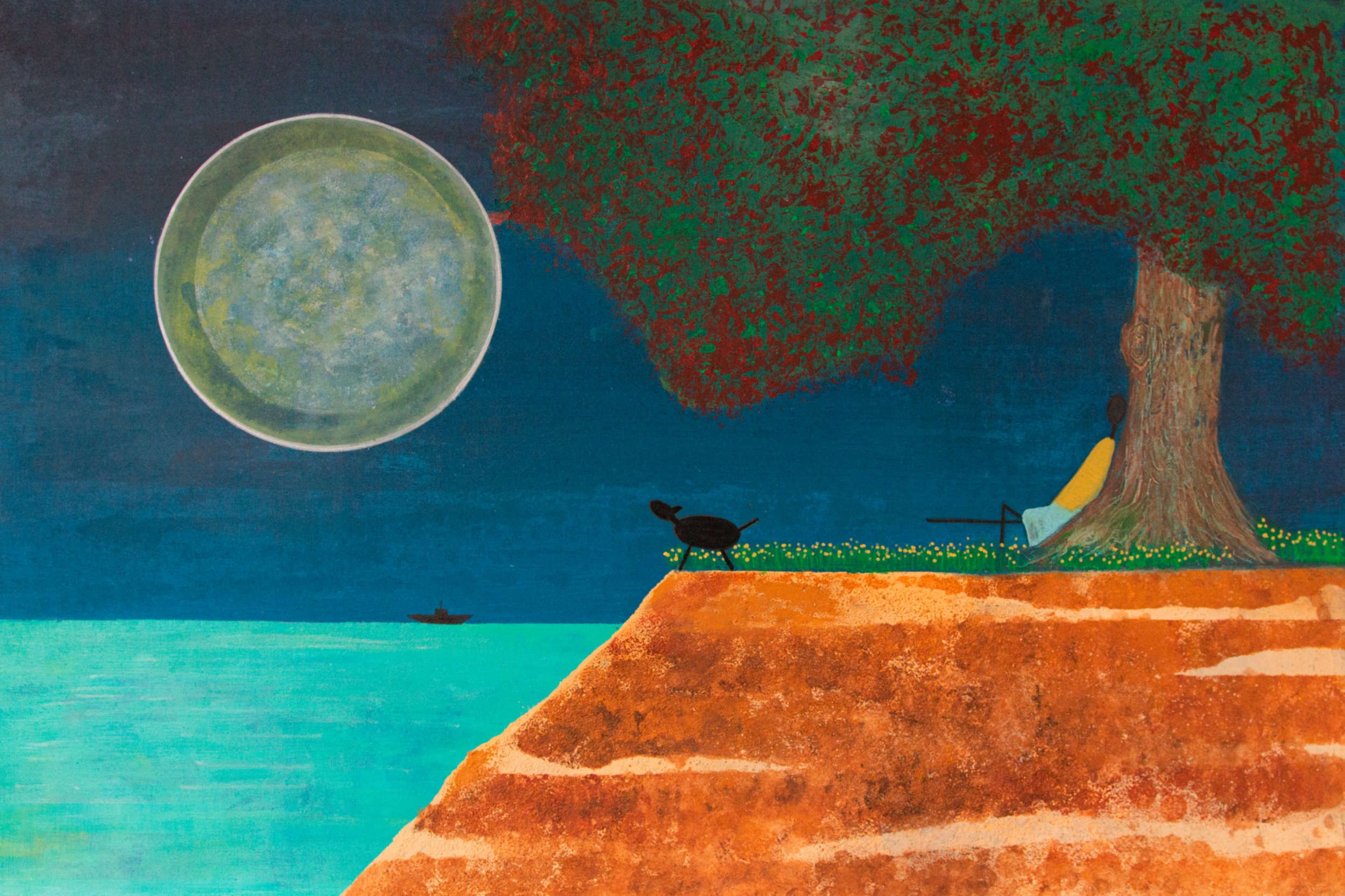 An artistic painting of a night scene with a large full moon, a woman sitting under a tree, a bird on the ground, and a boat on the water.