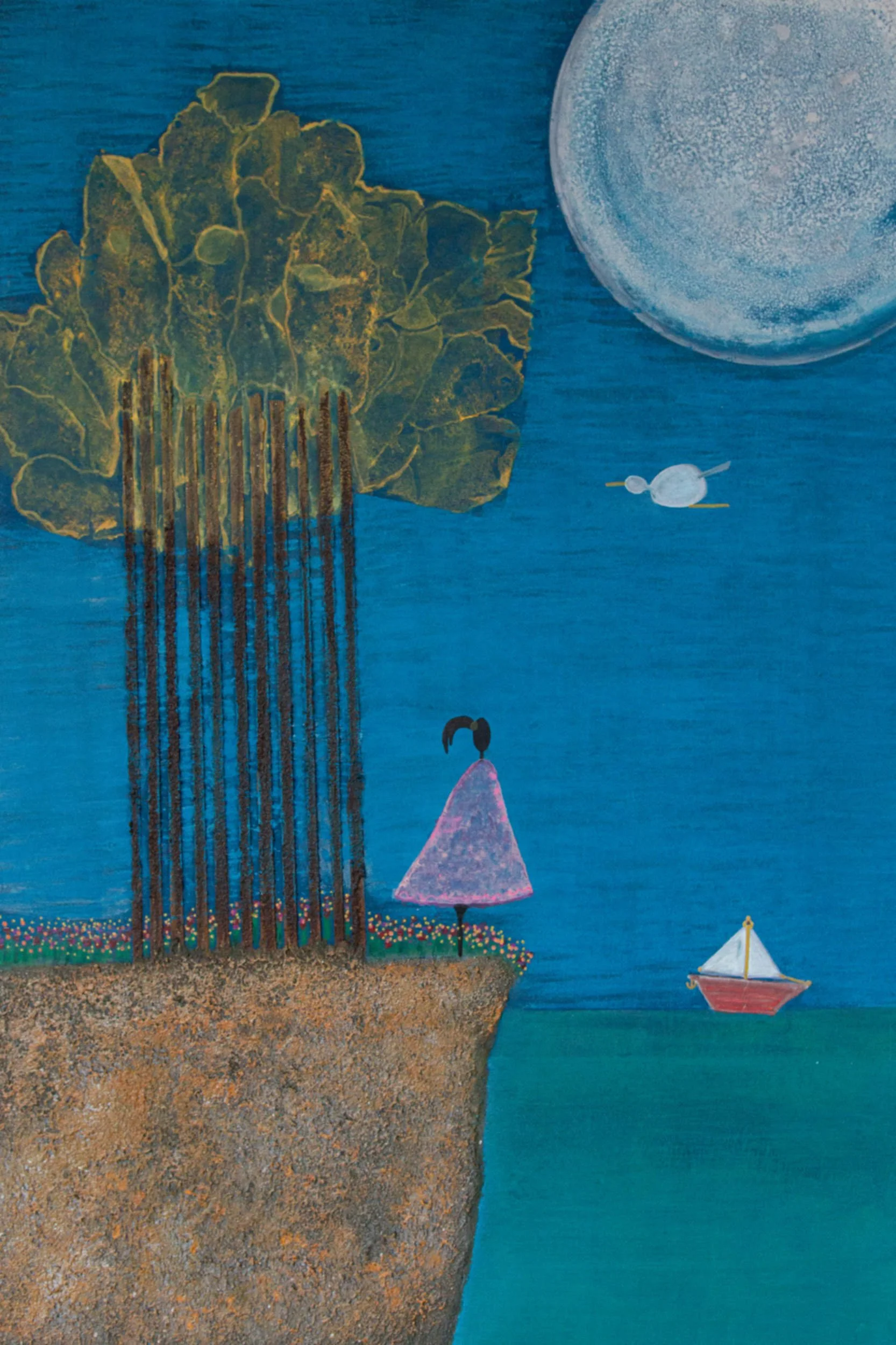 A surreal painting of a cliff with a tree, a person with a pink dress, a sailboat on the water, and a large moon in a blue sky.