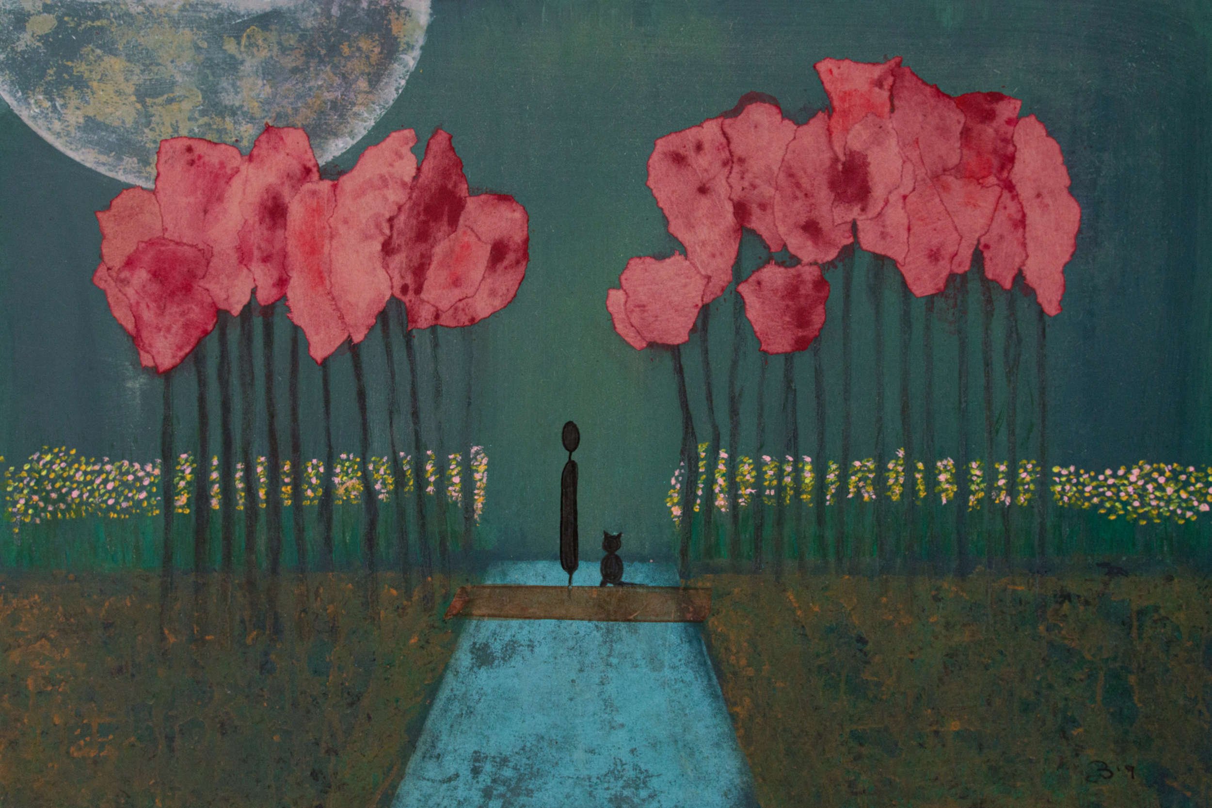 A painting featuring a person and a cat sitting on a bench under pink trees, with a large moon visible in the sky.