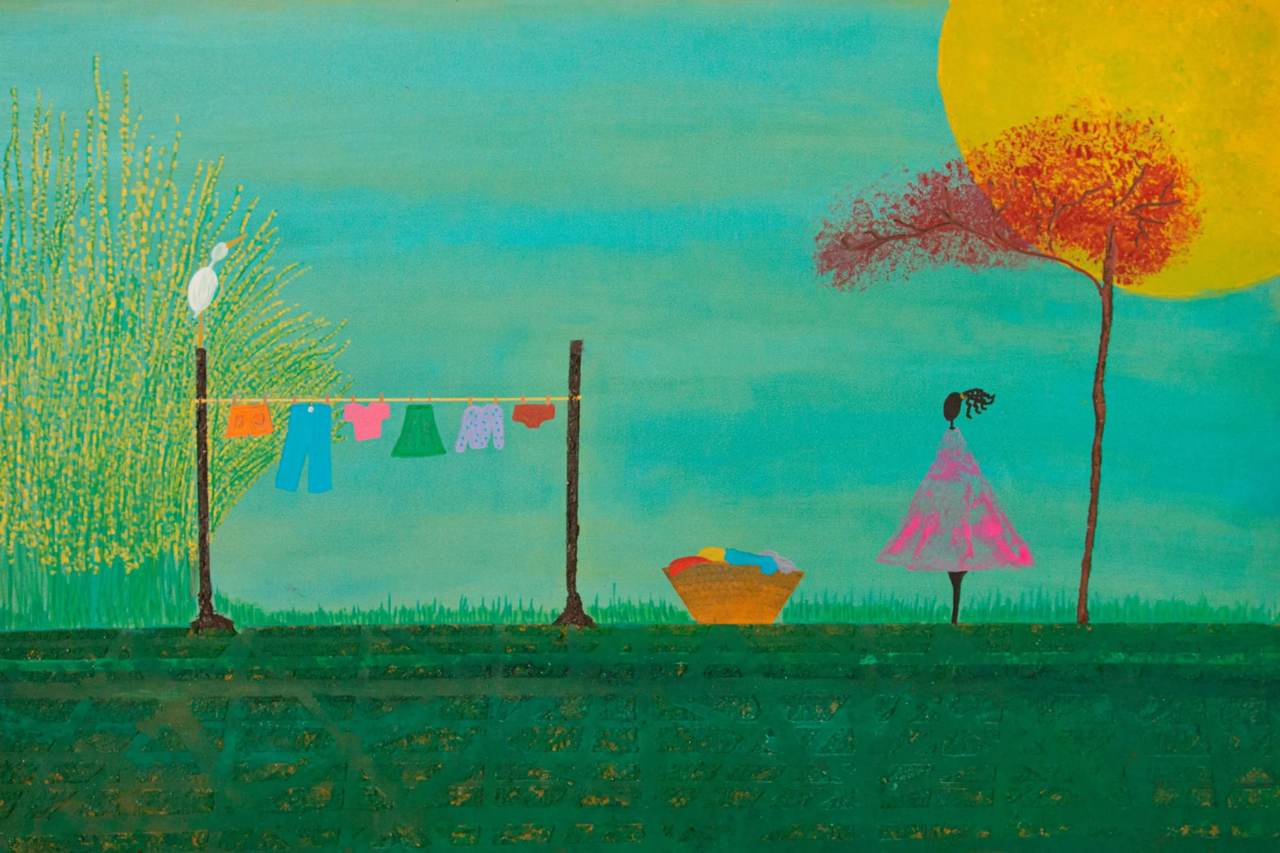 A stylized painting of a backyard scene with a laundry line, a tree, and a girl in a pink dress.