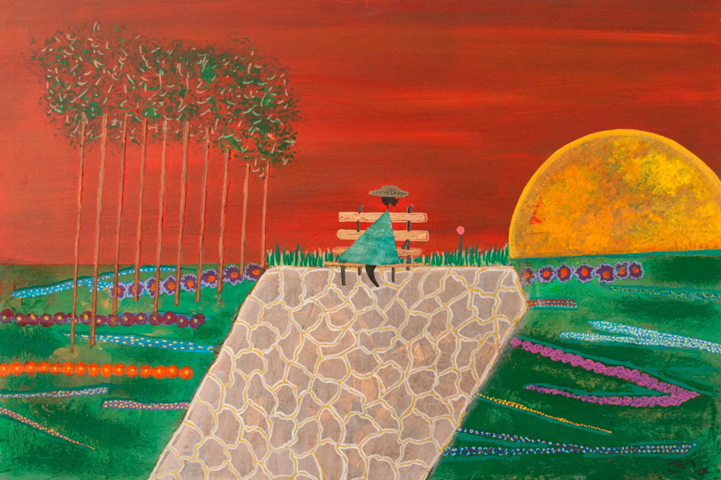 A colorful painting of a person sitting on a stone bridge at sunset, surrounded by flowing rivers and vibrant flowers with a large yellow and orange setting sun in the background. Tall trees with green and red leaves are on the left side.