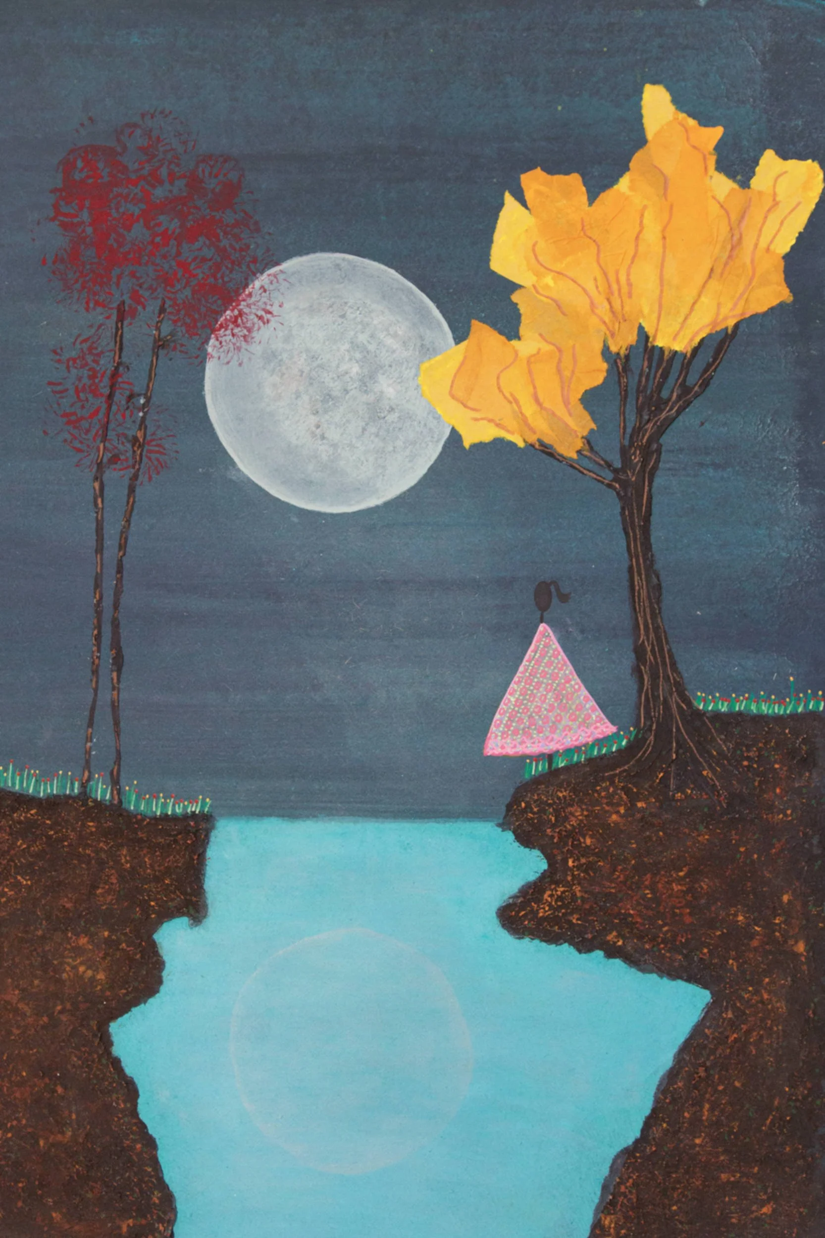 A painting of a nighttime scene with a bright full moon, two tall red trees on the left, a larger yellow tree on the right, and a young girl with a pink dress standing on a cliffside near the yellow tree, looking at the water below.
