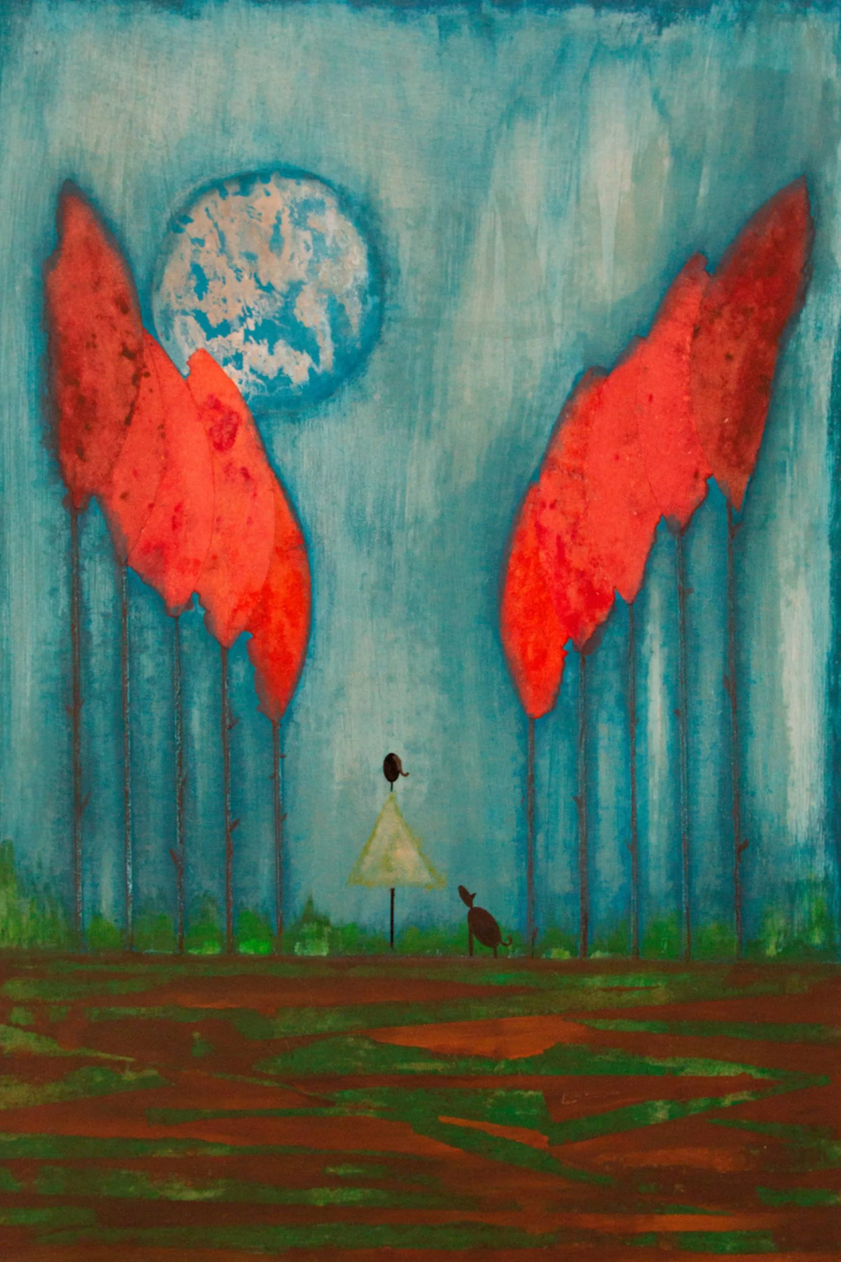 A colorful painting of a landscape with large red trees, a green grassy ground, a blue sky, a full moon, and two small black birds, one perched on a pole and the other on the ground.