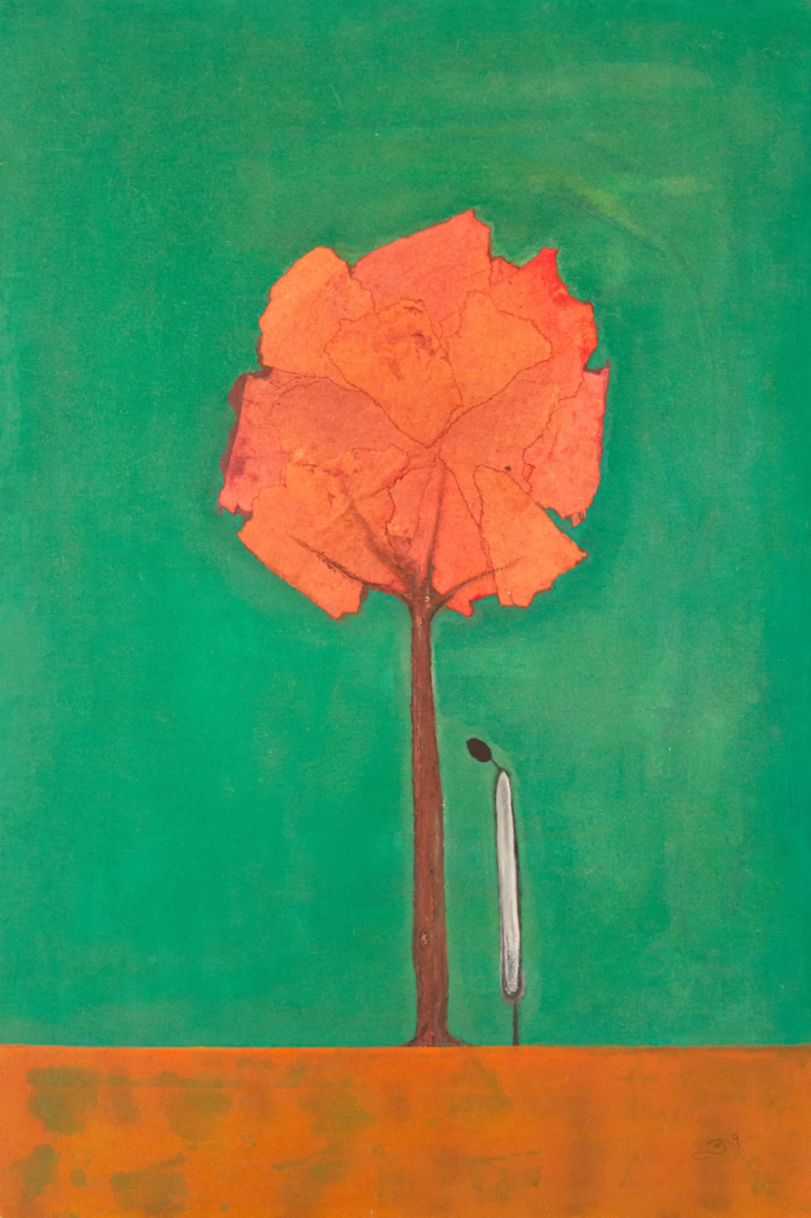 Painting of a tree with orange leaves and a brown trunk against a green background. There is a vertical white object near the trunk.