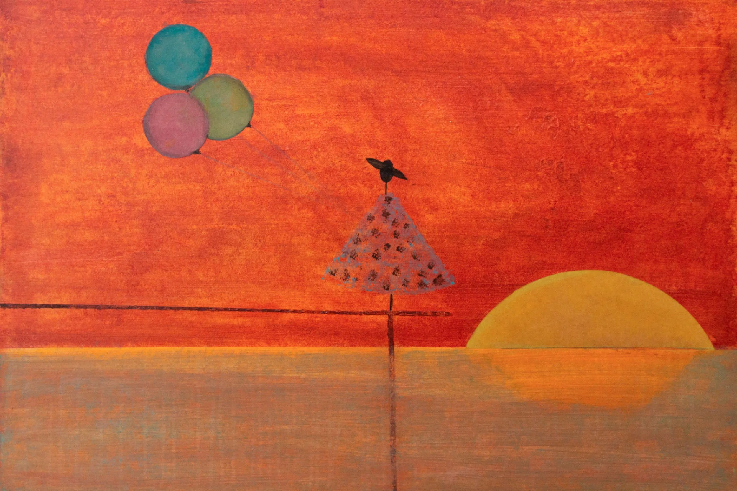 A sunset over a body of water with four balloons, a person in a floral dress, and a bird in the sky.