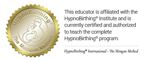 Gold circular emblem with a silhouette of a mother holding a baby, surrounded by text that reads "HypnoBirth™ The Mongan Method." To the right, there is black text that mentions the benefits of hypnobirthing, including a calmer pregnancy, easier labor, and a more satisfying birth experience.