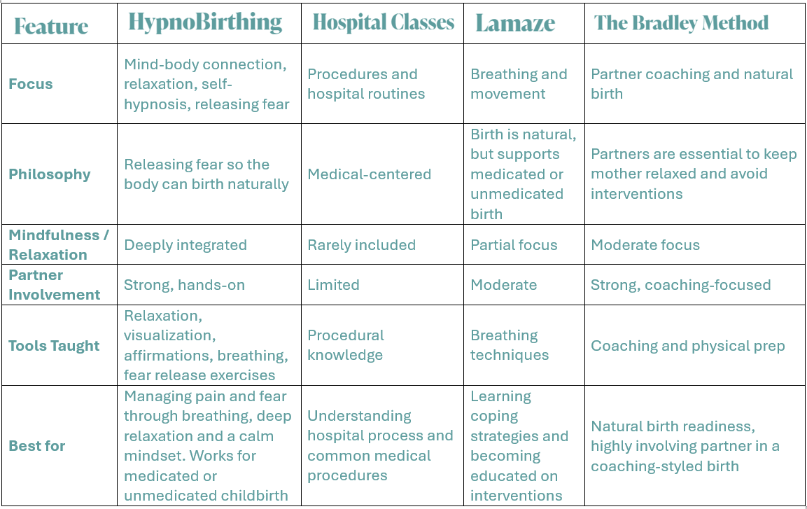 A comparison chart of childbirth approaches, listing features such as focus, philosophy, mindfulness, partner involvement, tools taught, and best for. Approaches include HypnoBirthing, Hospital Classes, Lamaze, and The Bradley Method.
