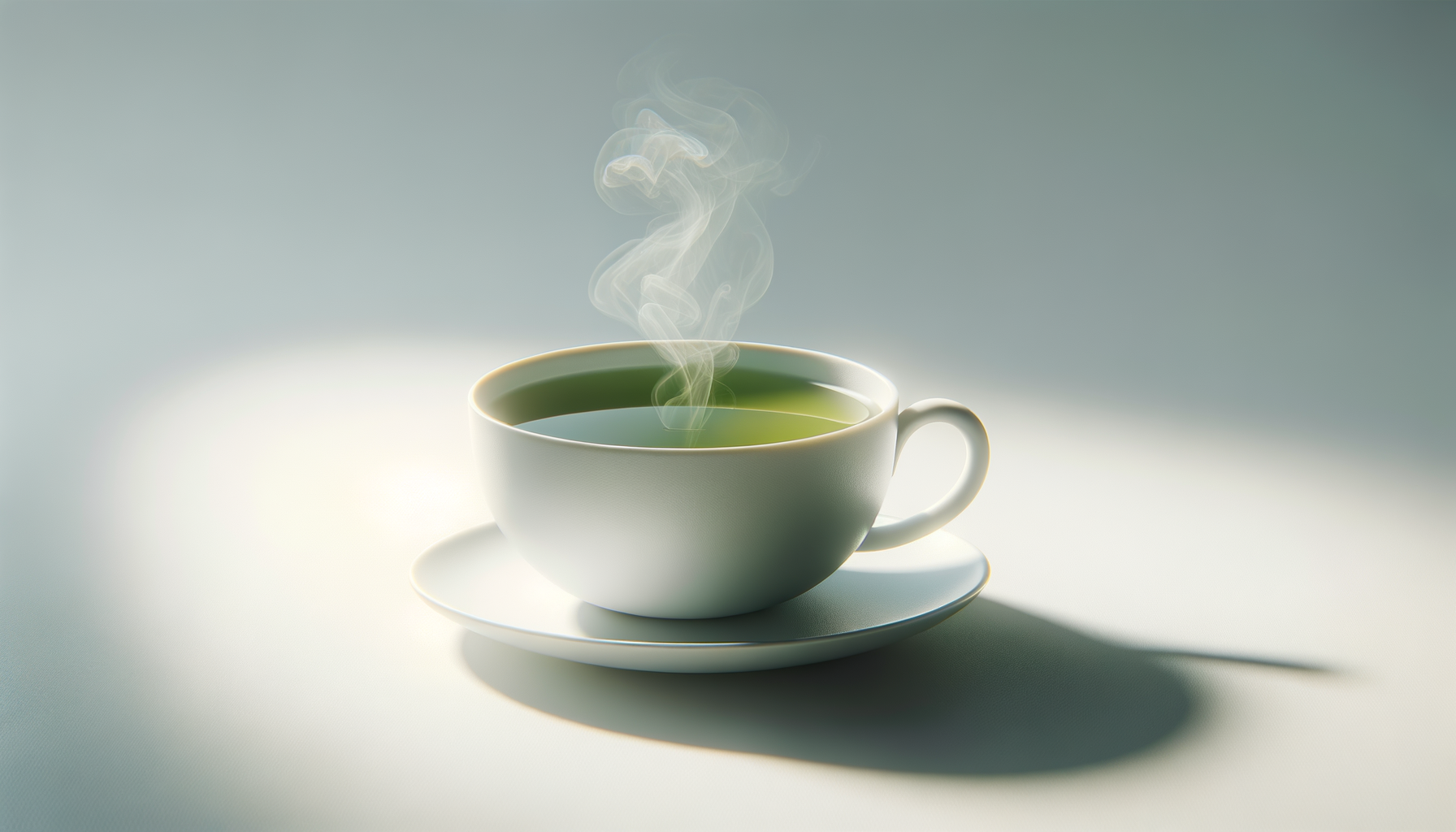 A white cup filled with steaming hot green tea on a matching saucer, casting a shadow on a plain background.