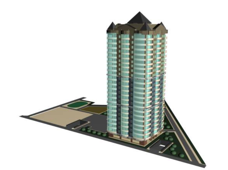 Imagen de un rascacielos moderno con muchas plantas y un diseño arquitectónico distintivo, rodeado de áreas verdes y caminos en un terreno triangular.