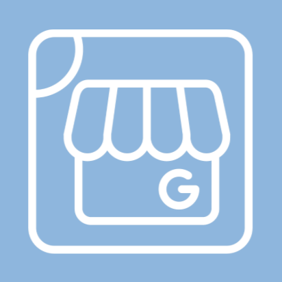 Icon of a store with an awning and a G letter, enclosed in a square with rounded corners, on a light blue background.