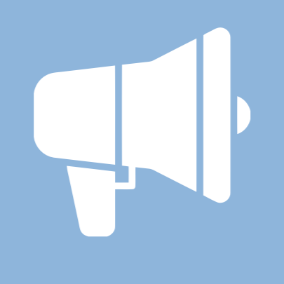Icon of a megaphone in white on a light blue background.