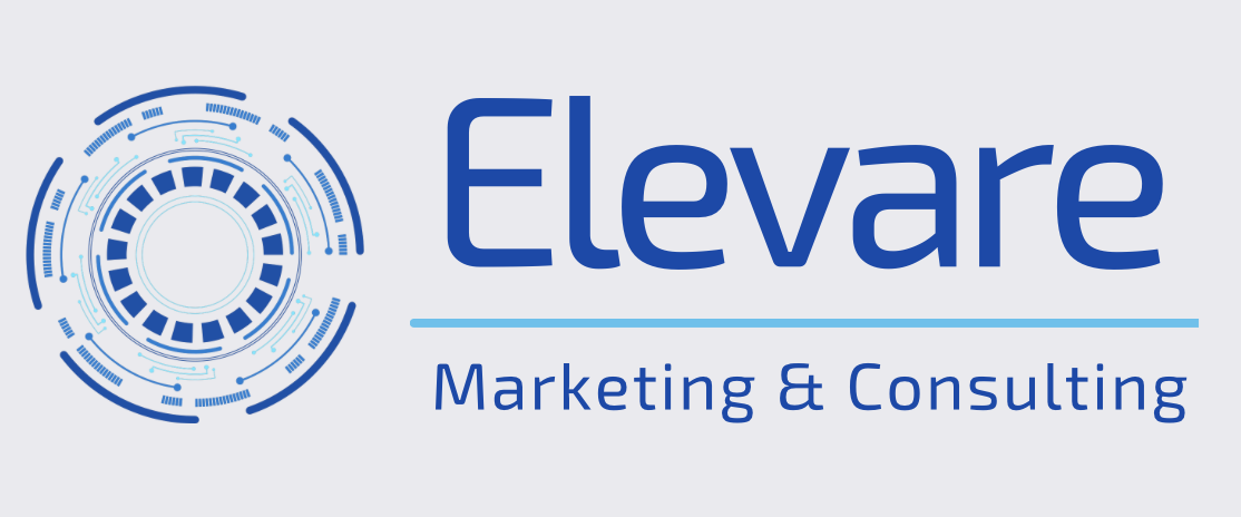 Logo for Elevare Marketing & Consulting with a technological circular design and blue text.