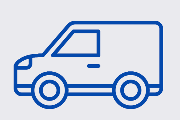 Outline drawing of a delivery van in blue.