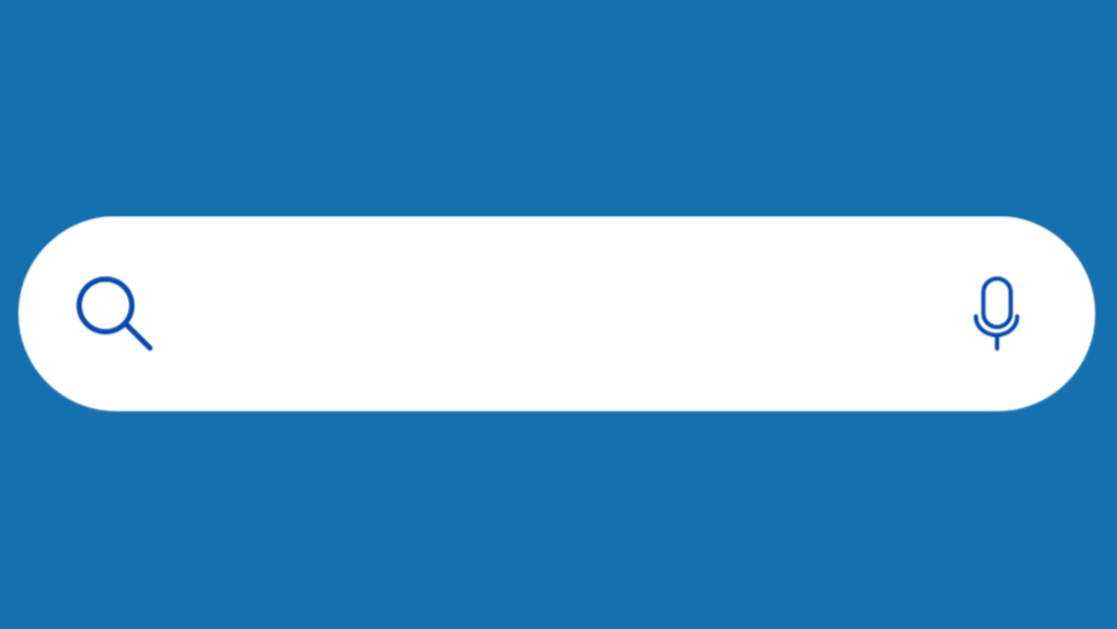 Digital search engine interface with magnifying glass and microphone icons on a blue background.