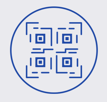 Blue circular QR code pattern with geometric shapes inside.