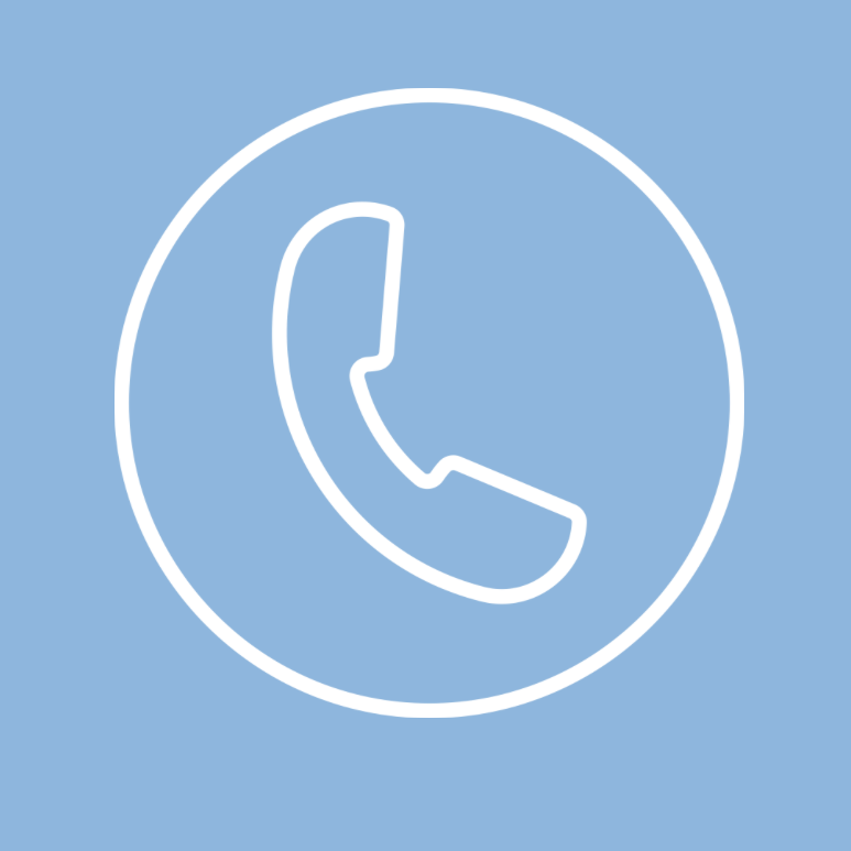 Blue background with a white outlined phone receiver inside a circle, indicating a call or contact icon.
