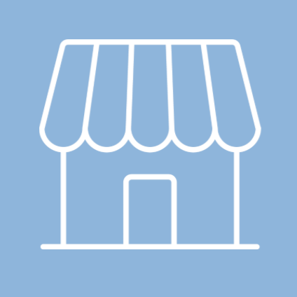 Outline drawing of a small store or shop with an awning, door, and no windows.