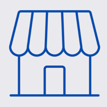 A minimalist line drawing of a small storefront or shop with an awning.