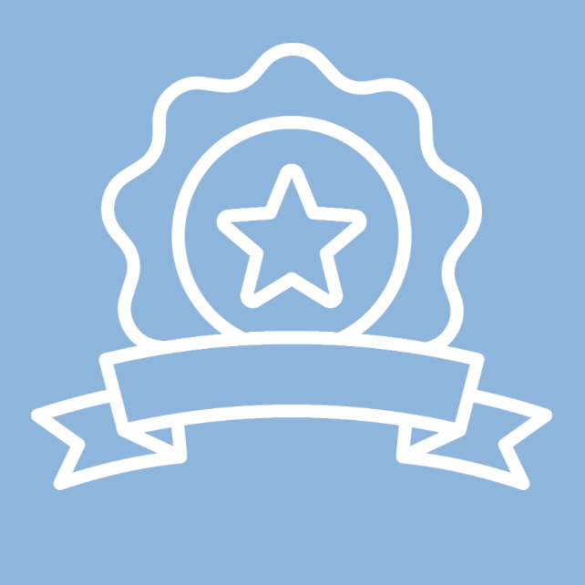 Icon of a medal with a star in the center, surrounded by a ribbon banner, all on a light blue background.