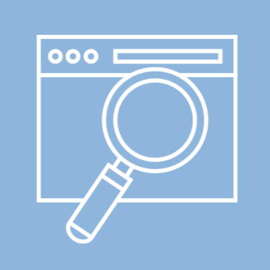 Icon of a magnifying glass over a computer window, representing search or analysis.